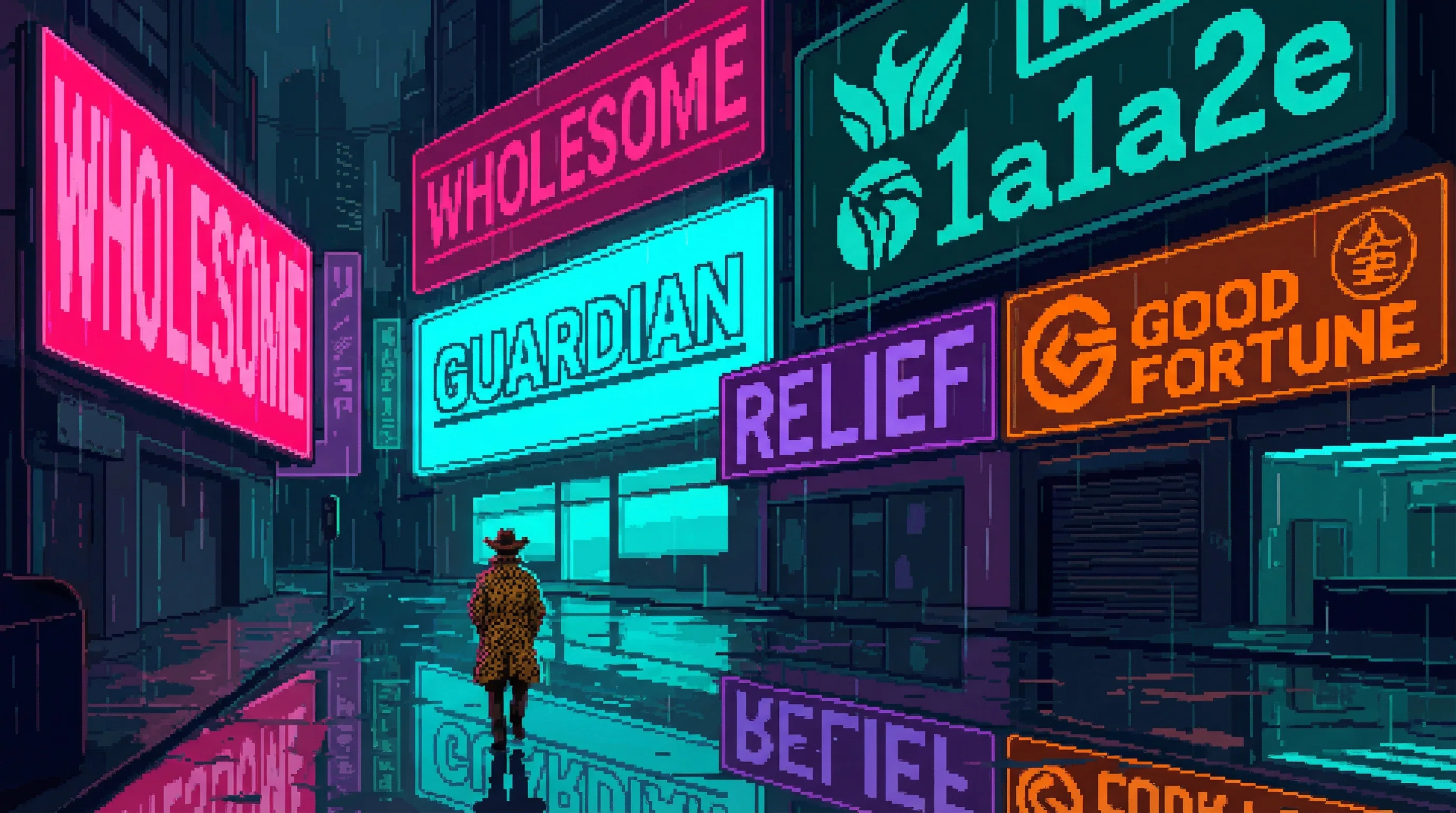 Judge Dreg walks away from the viewer down a street of corporate neon signs โ WHOLESOME, GUARDIAN, RELIEF, GOOD FORTUNE โ small against the massive advertising
