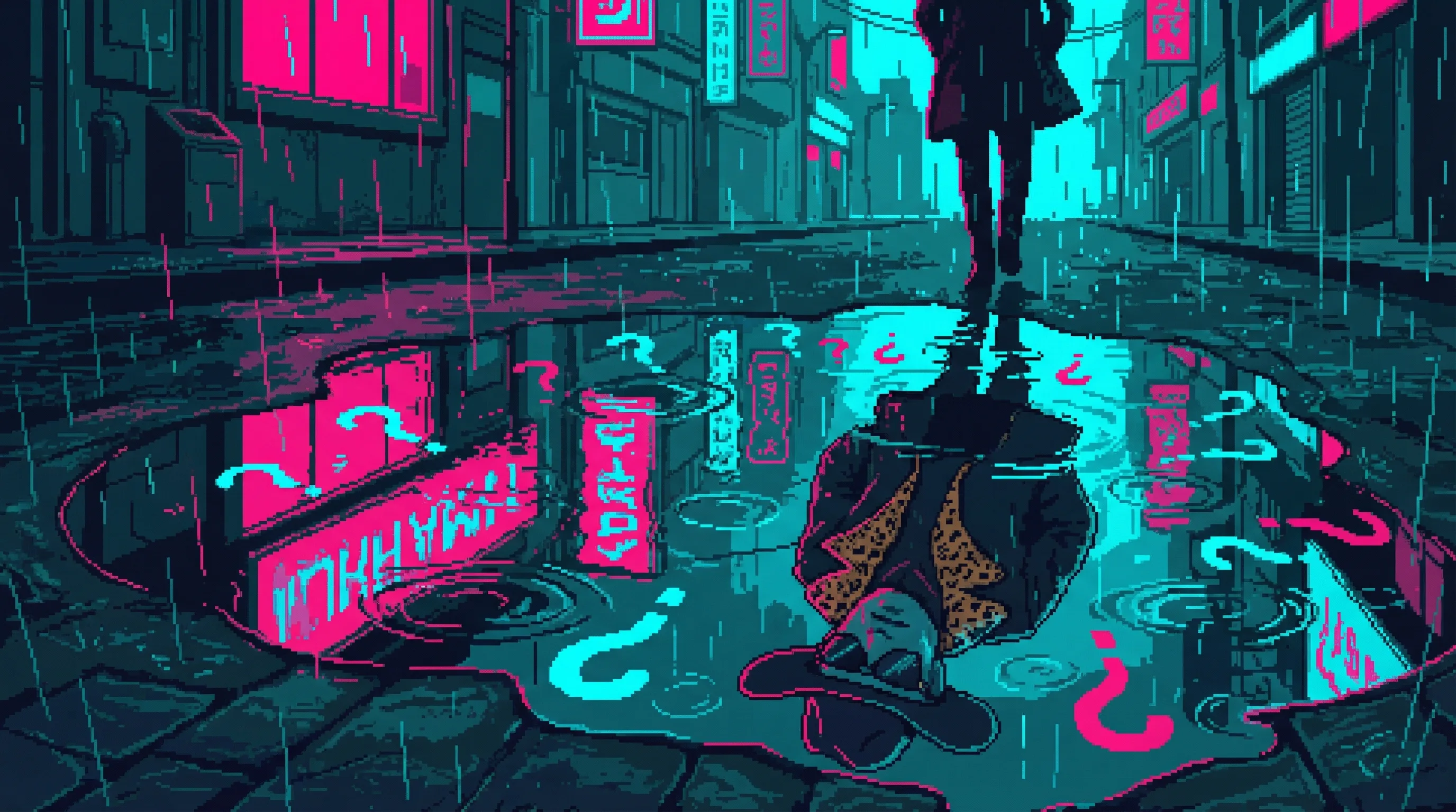 A rain puddle reflects mirror shades and a cowboy hat โ but the figure has turned slightly away, choosing not to look at his own reflection