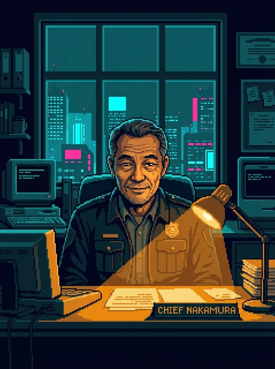 Chief Nakamura behind his desk, face weathered by decades of political compromise. He knows W.O.L.F. is going to do something stupid. He's going to let it happen.
