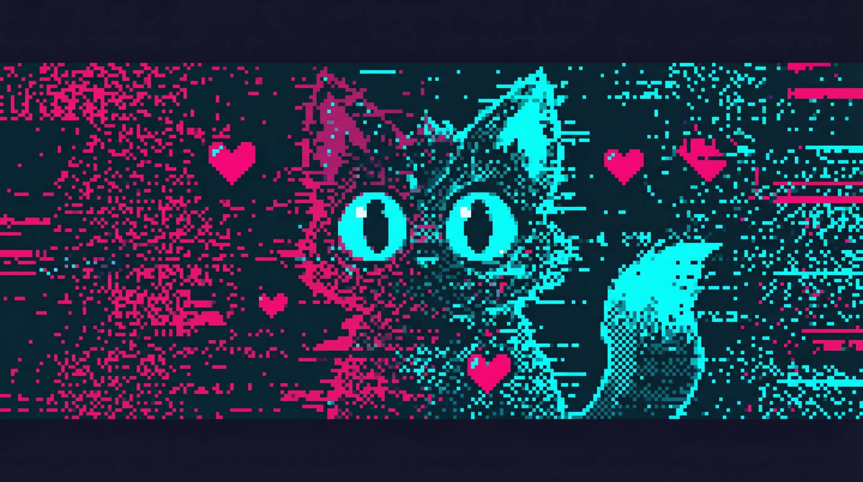 W.O.L.F.'s corrupted visual field—reality fragmenting into digital noise, and in the static, the suggestion of a shape. Fluffy ears. Glowing eyes. Gone before it's truly seen.