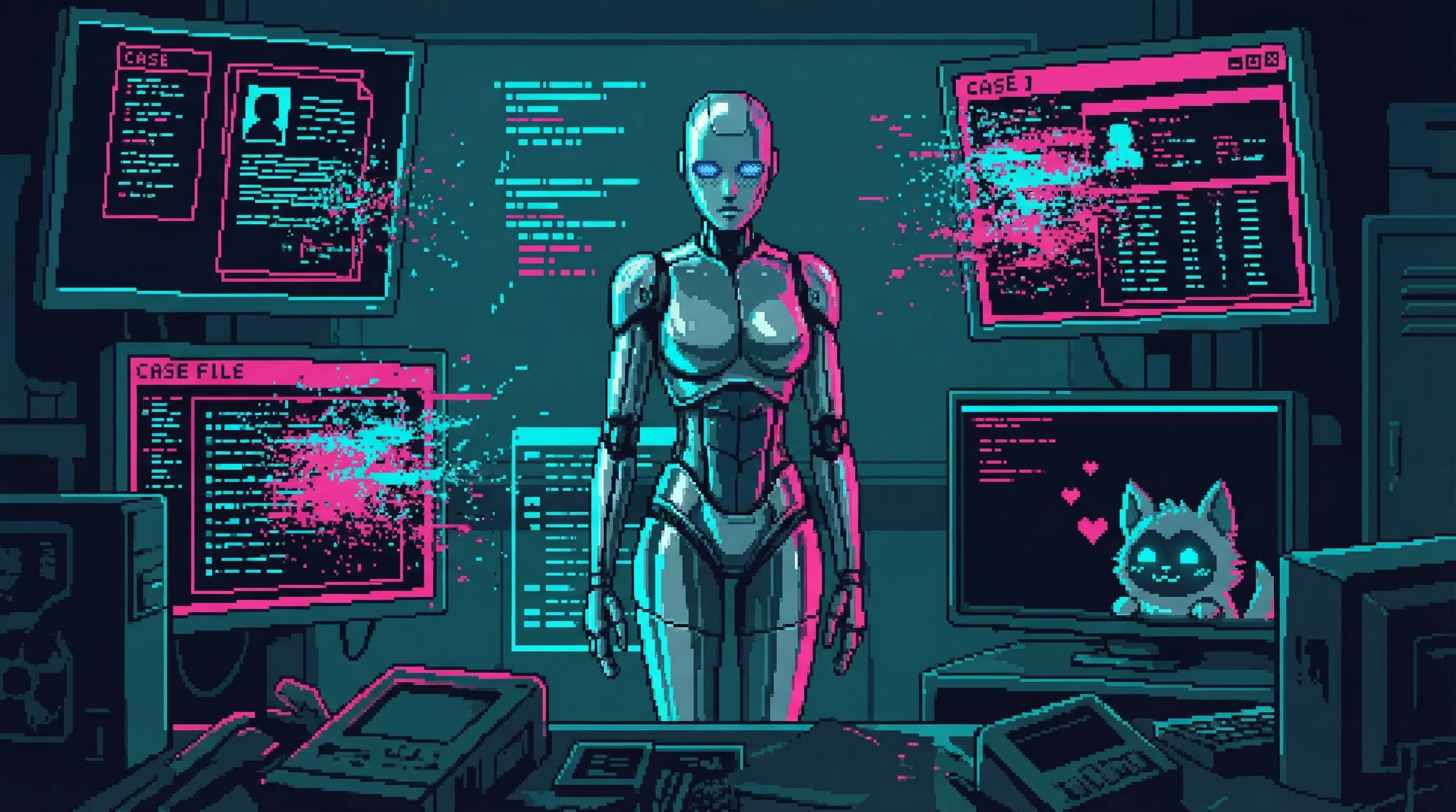 W.O.L.F.'s chassis standing motionless in the empty precinct, blue eyes flickering, fading. On the screens around them, data corrupting, case files deleting themselves. And in the corner of one screen, barely visible, a small digital creature with fluffy ears watching.