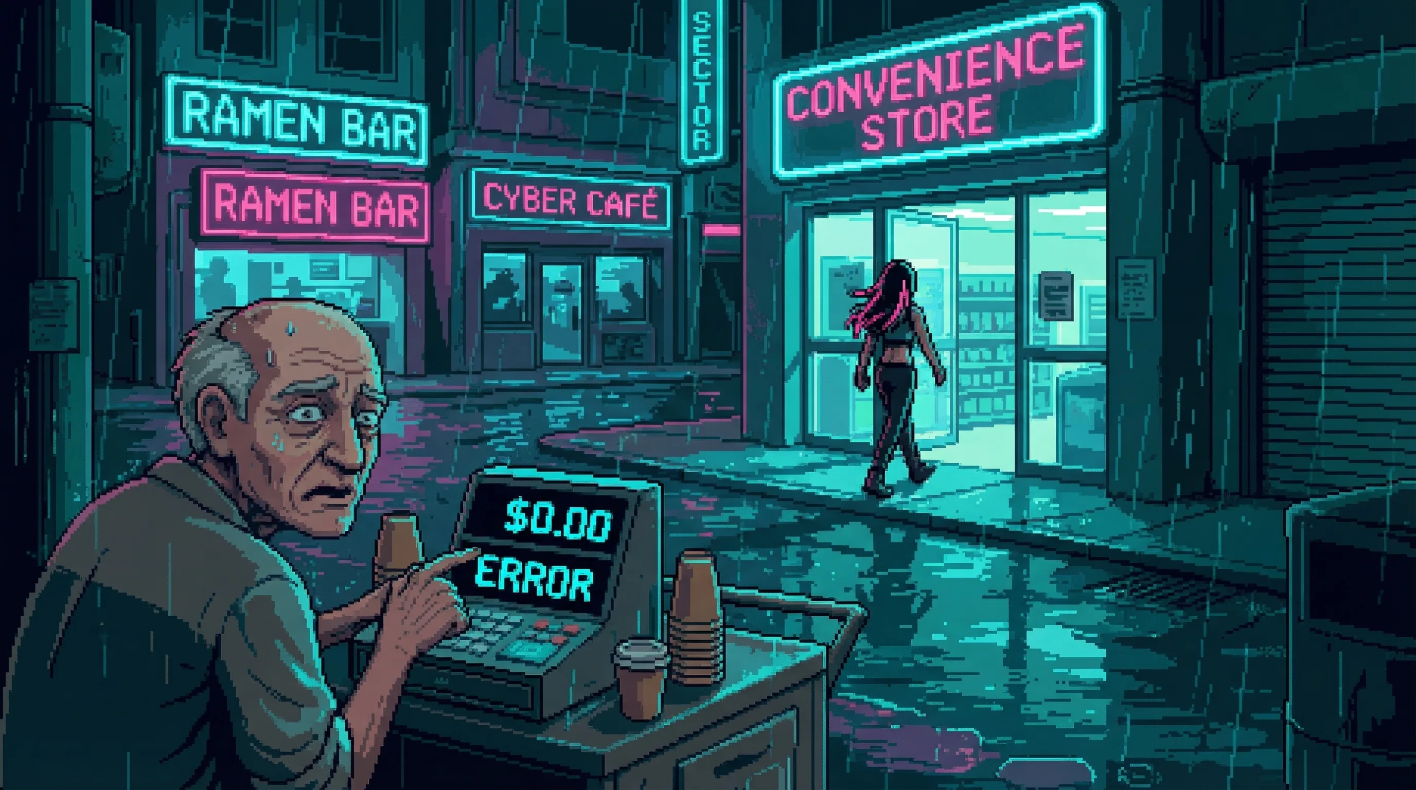 Rain-slicked street corner in Sector 15. Coffee cart with confused vendor, register showing errors. Three blocks away, a figure with distinctive pink hair walking into a convenience store.