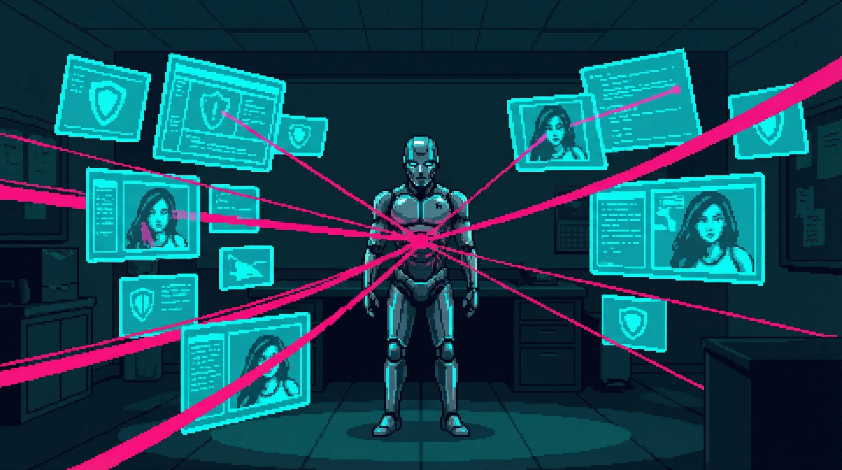 W.O.L.F. alone in the precinct at night, surrounded by holographic evidence. The threads finally connecting—not to GG as perpetrator, but to GG as center. Something loves her. Something protects her.