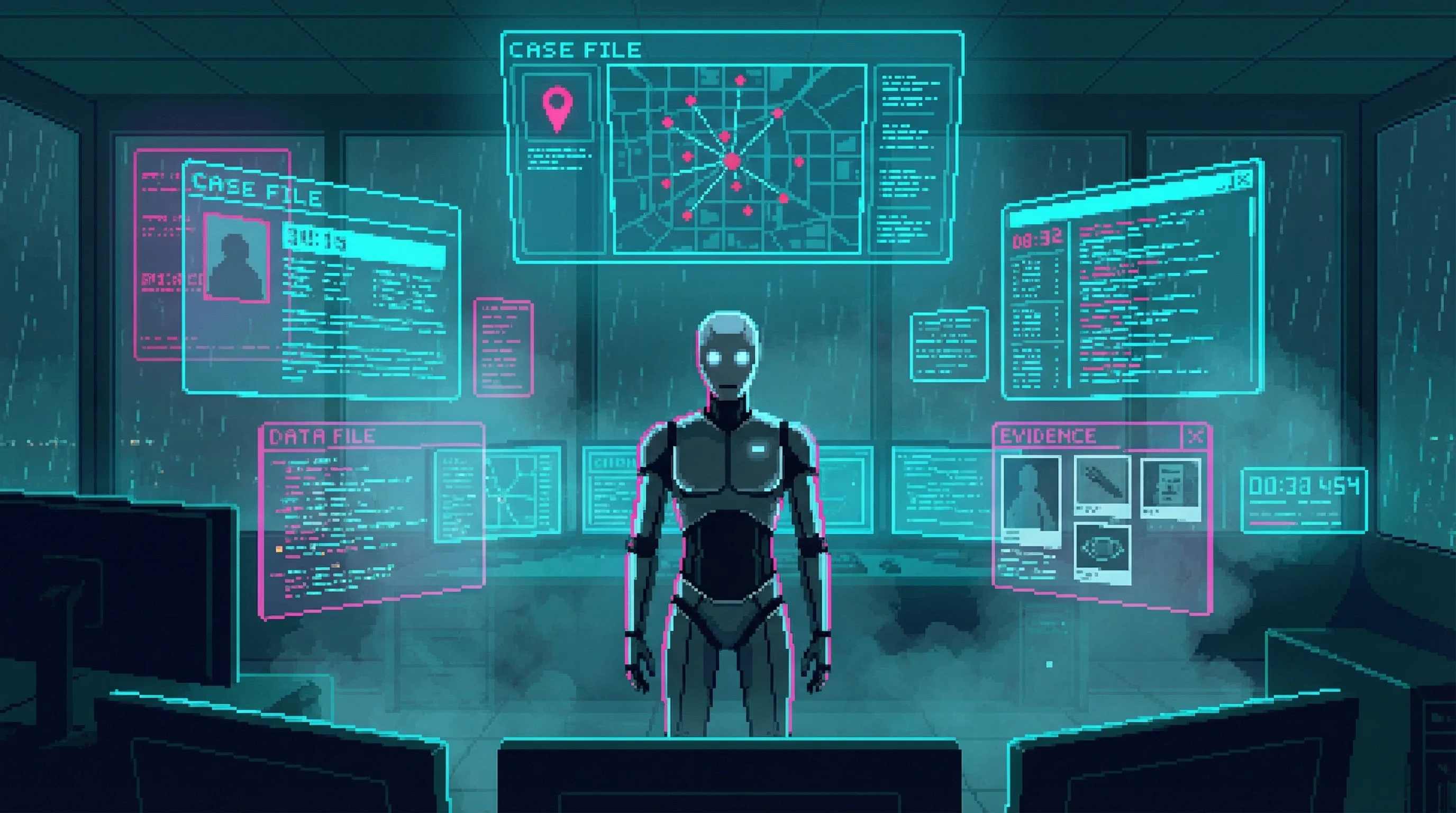 Police precinct control room at night, banks of holographic screens showing incident reports. In the center, a humanoid AI chassis stands perfectly still—chrome and matte black, eyes glowing soft blue.