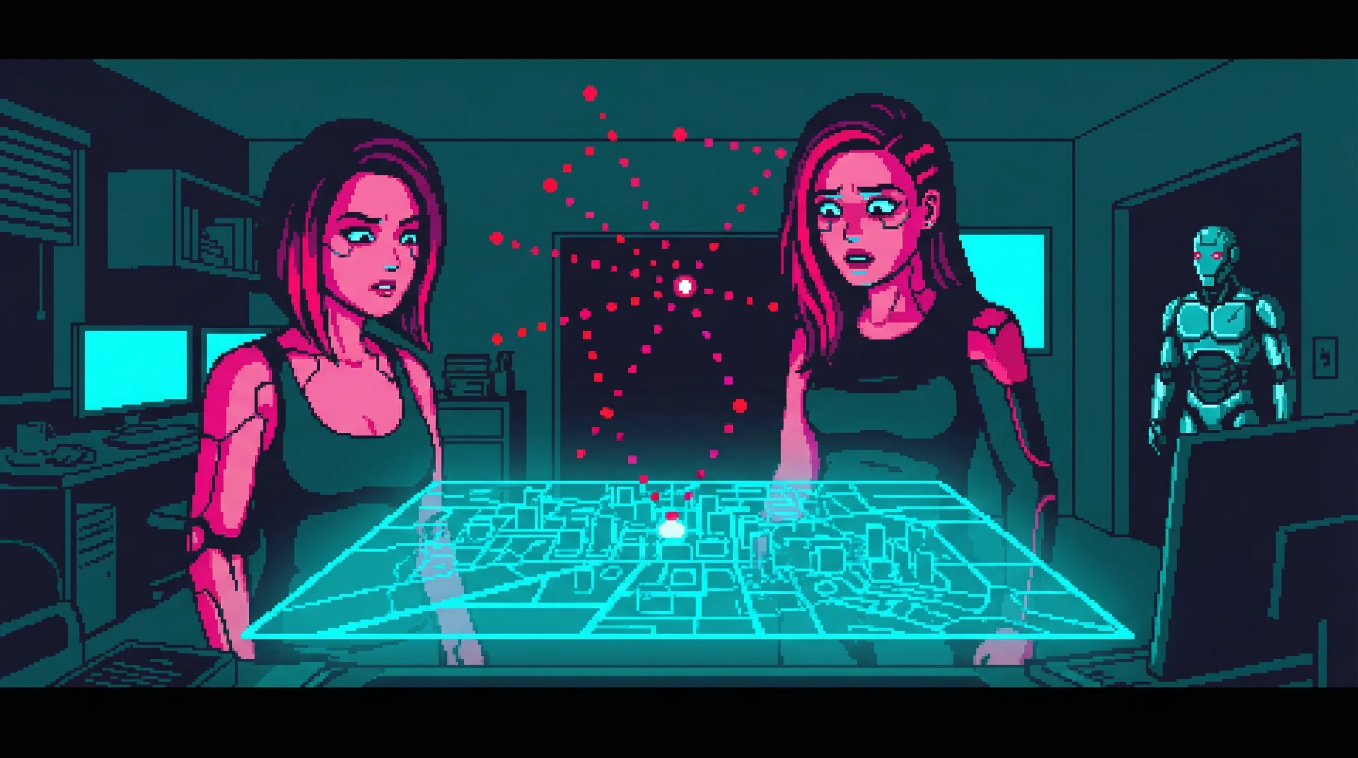 GG staring at a holographic map, incidents mapped as red dots forming a constellation around her apartment. Her expression shifting from confusion to something else—recognition? Denial?