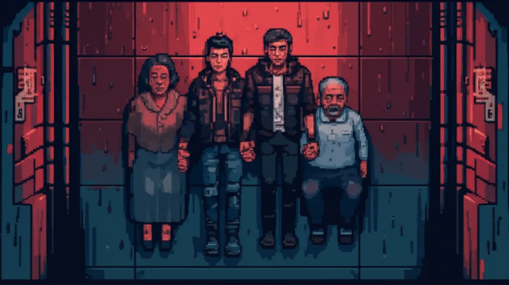 Thomas dying with his parents on Level 32 of Sector 15, holding his mother's hand in the emergency lighting