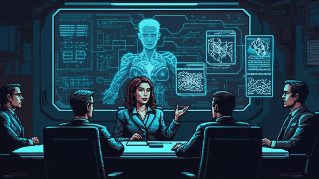 Kira presenting Project Caduceus to Nexus executives, ORACLE's avatar watching from the background