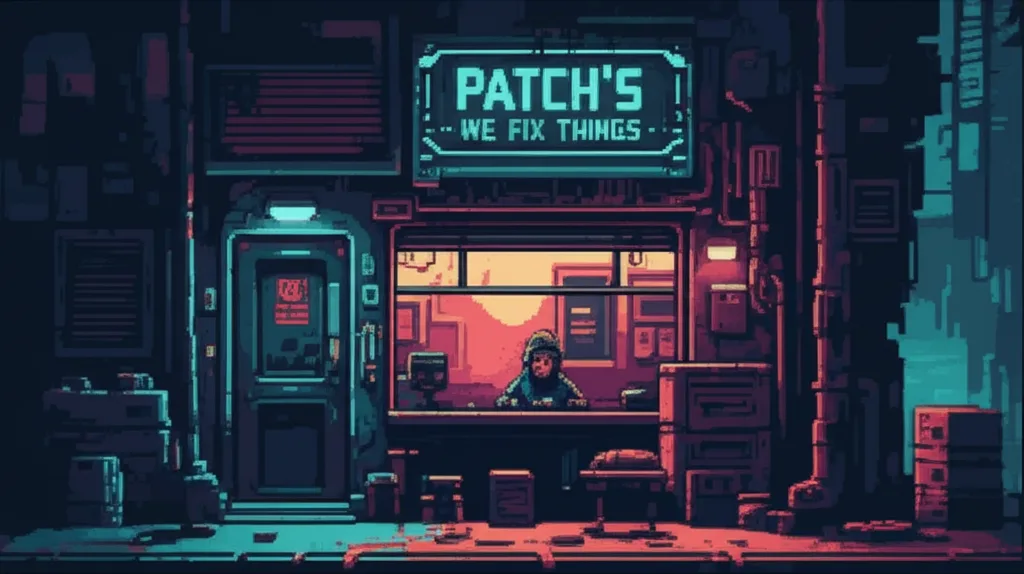 The Cathodics exterior at dawn - a grimy repair shop with a flickering neon sign reading 'PATCH'S - WE FIX THINGS'
