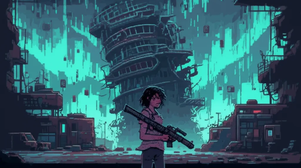 Kira emerging from the Nexus tower's ruins, covered in dust, the sky streaked with data artifacts