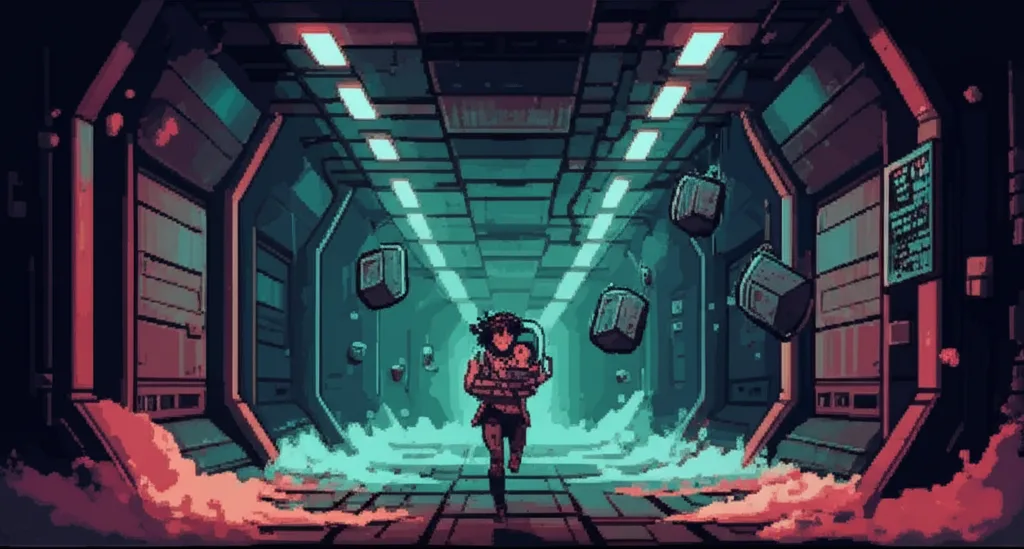 Kira running through a collapsing corridor, ORACLE substrate clutched against her chest