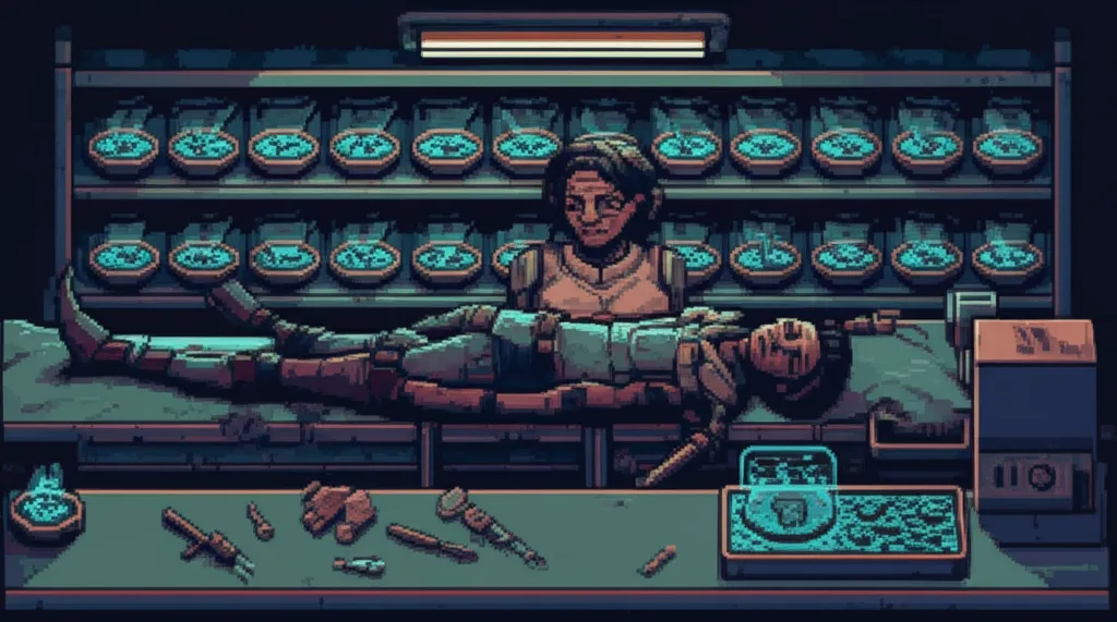 Shelves lined with containment dishes, all glowing faintly blue - a graveyard of fragments