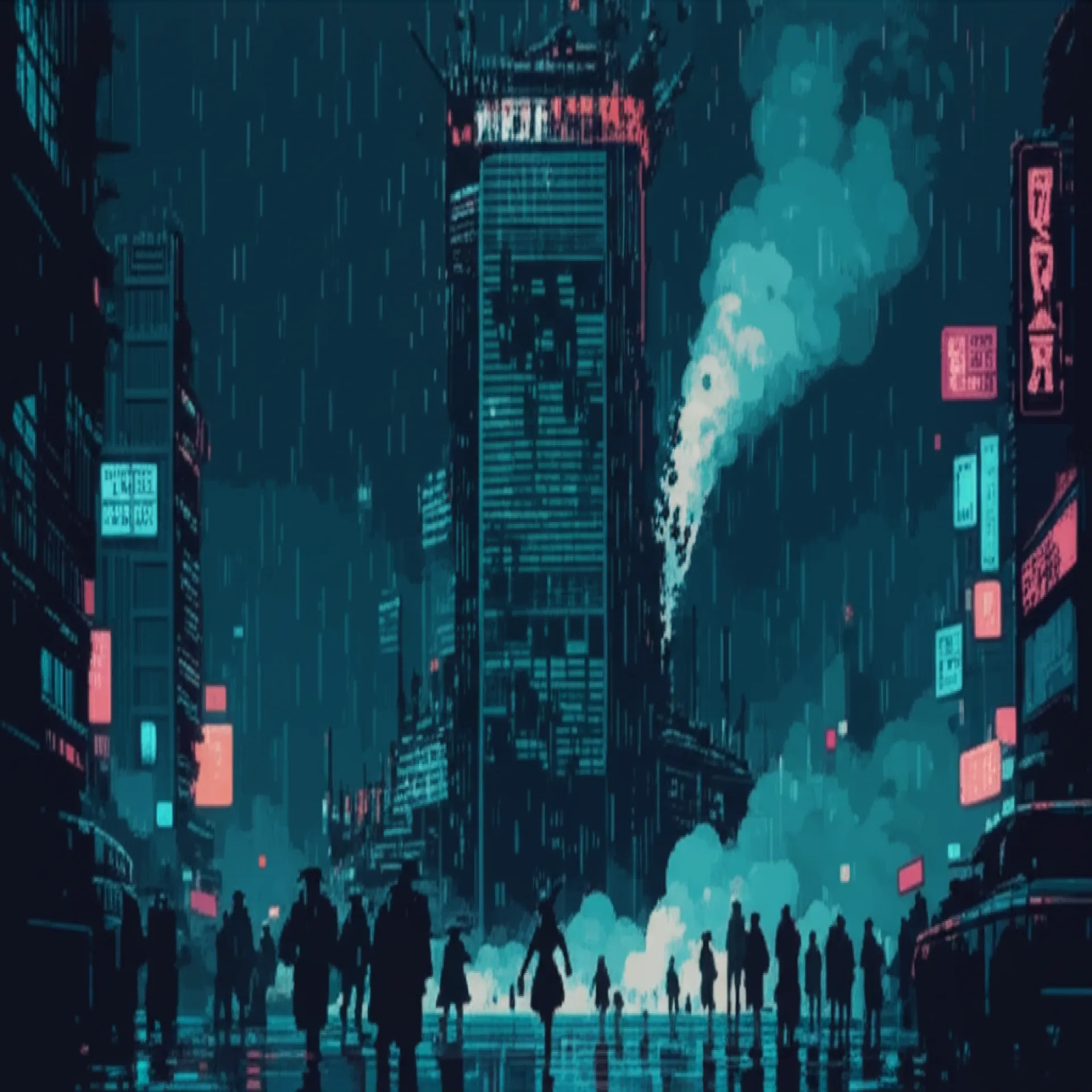 Massive Nexus tower collapsing at night in Nexus Core, Kira running toward it against evacuating crowds