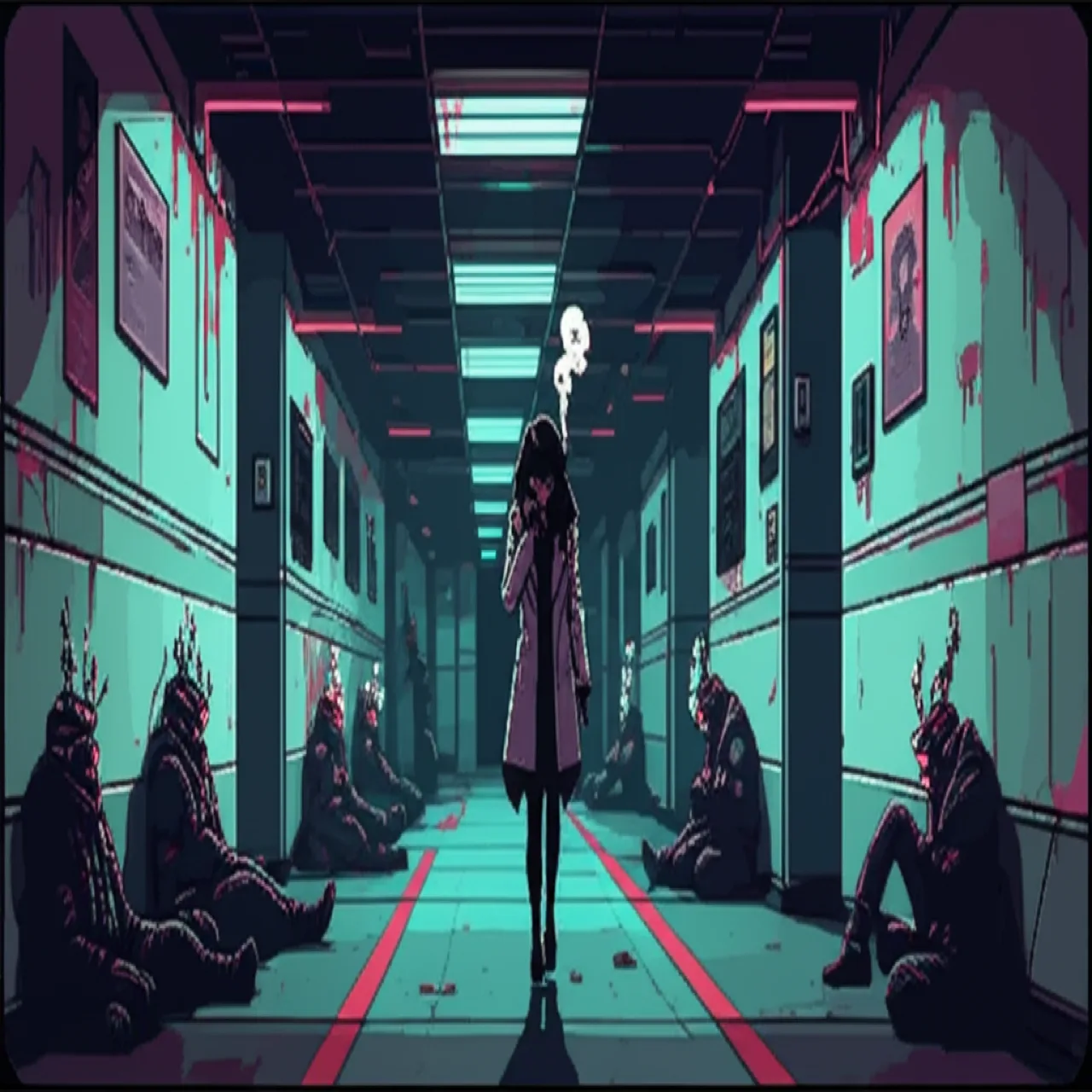 Dark interior corridor with bodies of colleagues whose neural interfaces overloaded, Kira stepping past
