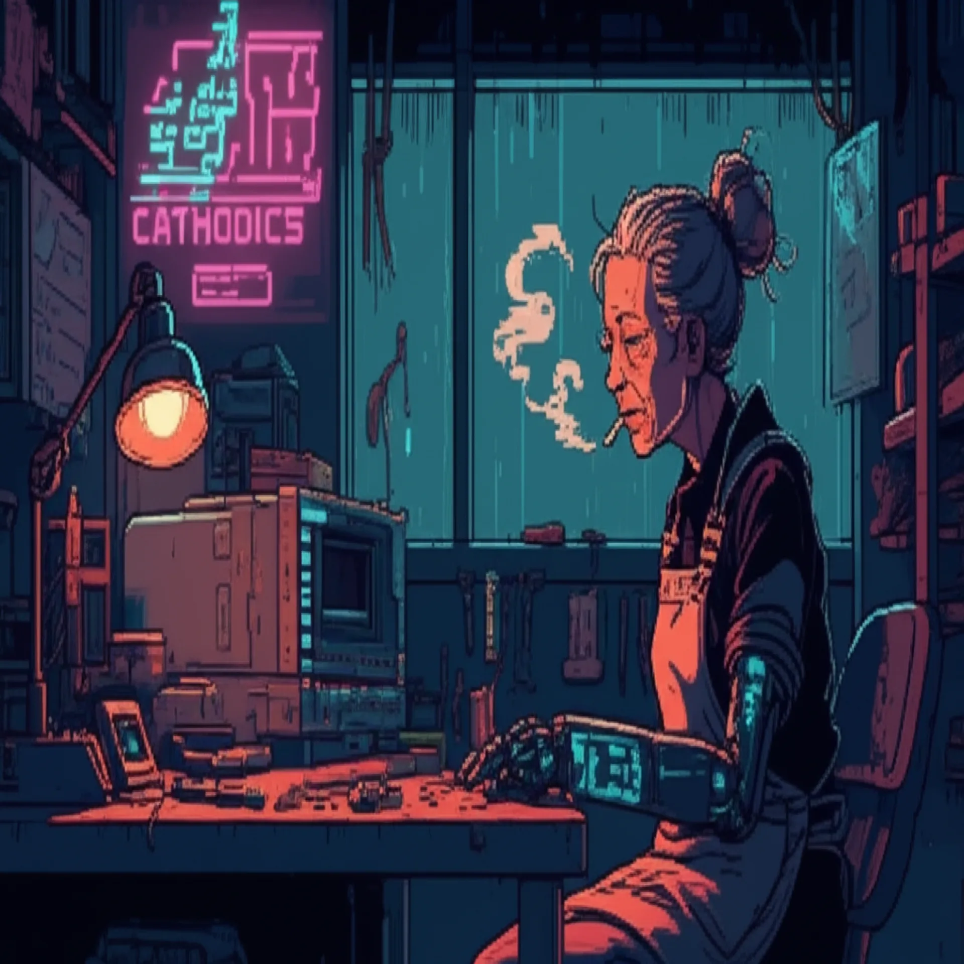 Older Patch in The Cathodics repair shop, chrome arm glowing faintly, cigarette in hand, world-weary expression