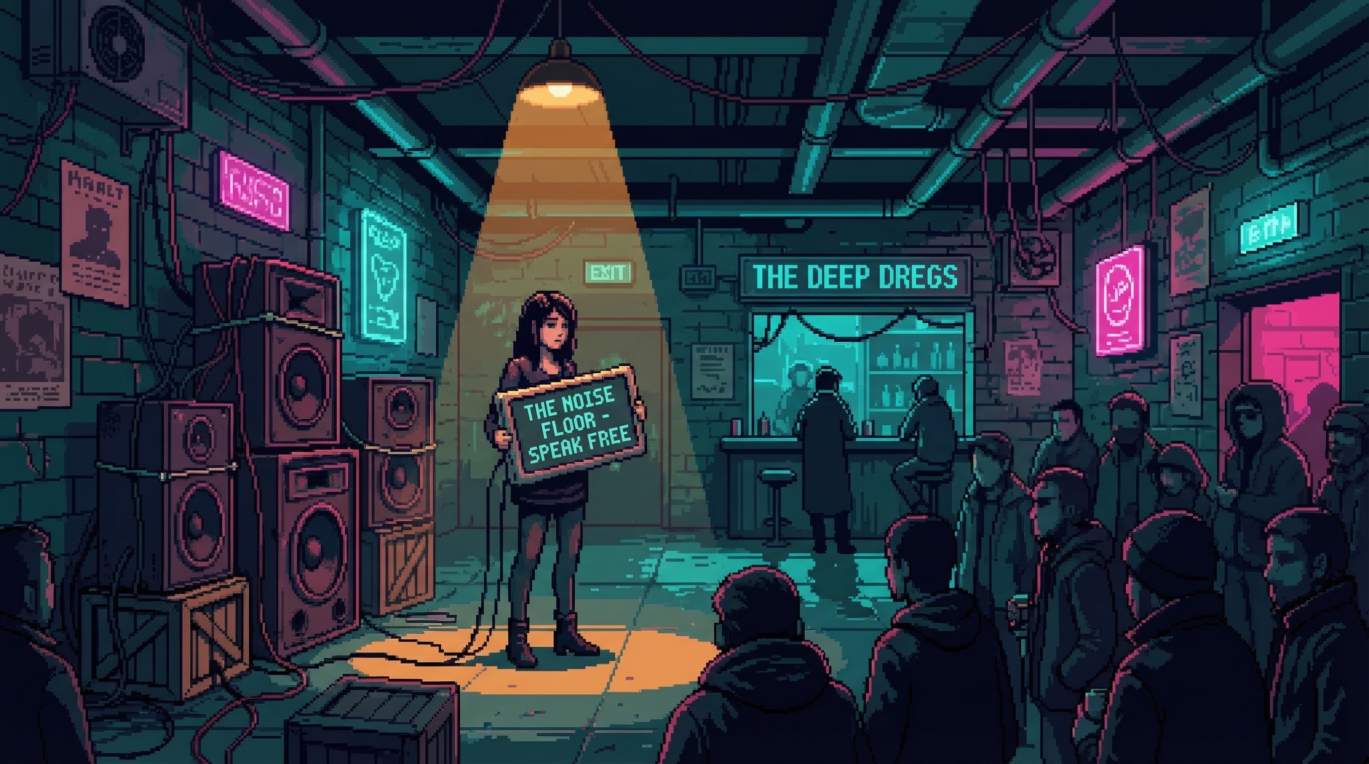 A woman stands on a small stage in a cramped basement bar, holding a recycled display panel under a single amber spotlight