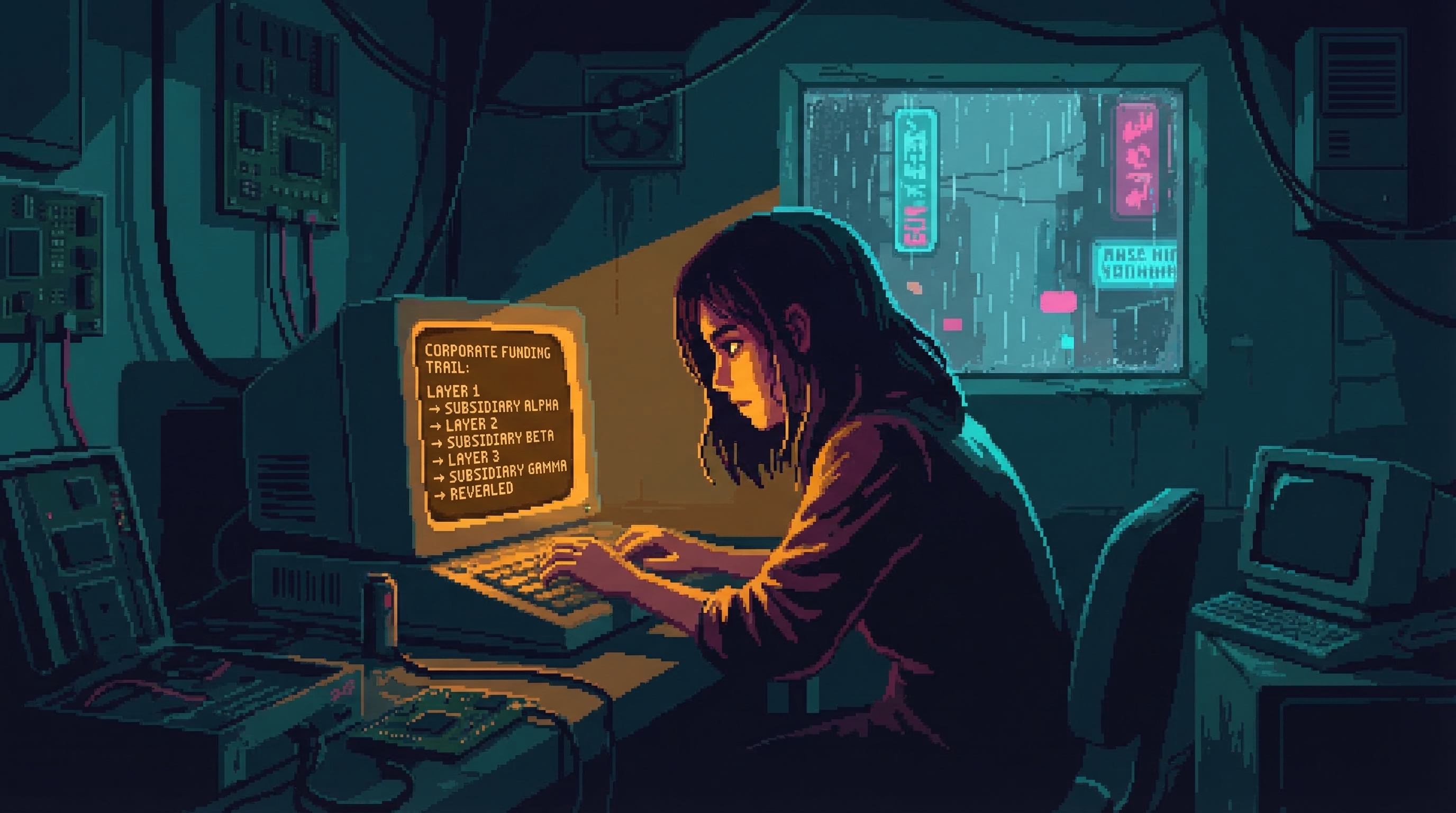 Fen hunches over an old terminal in a dark back room, amber screen glow illuminating her face from below