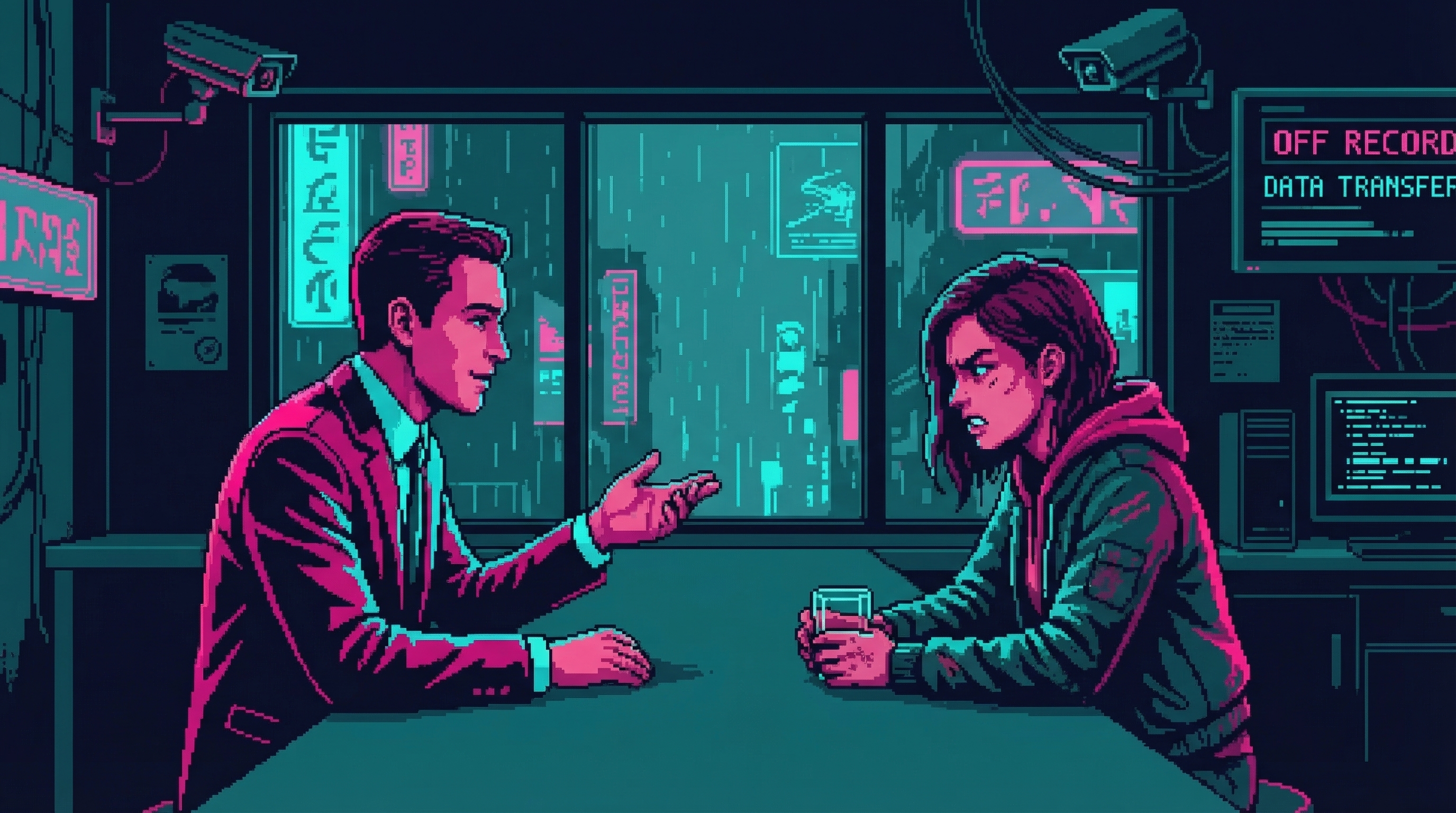 Two figures at a bar โ one speaks with smooth corporate precision, the other listens with clenched jaw