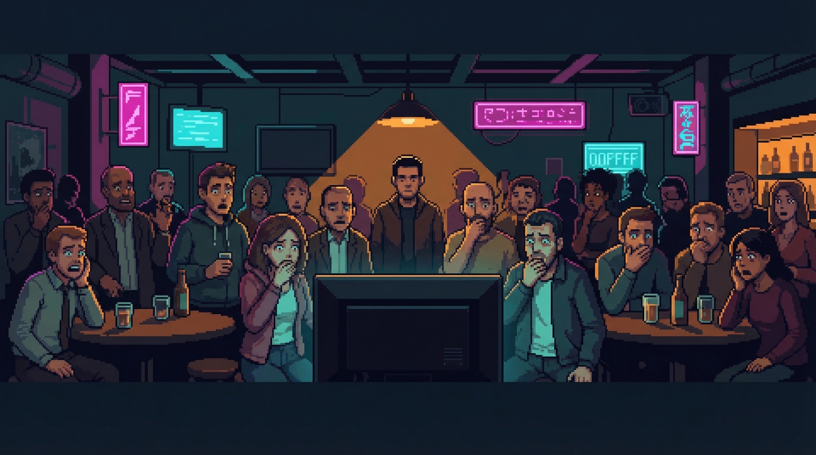 A crowd in a dark basement bar, faces showing shock and discomfort in amber light after hearing something disturbing