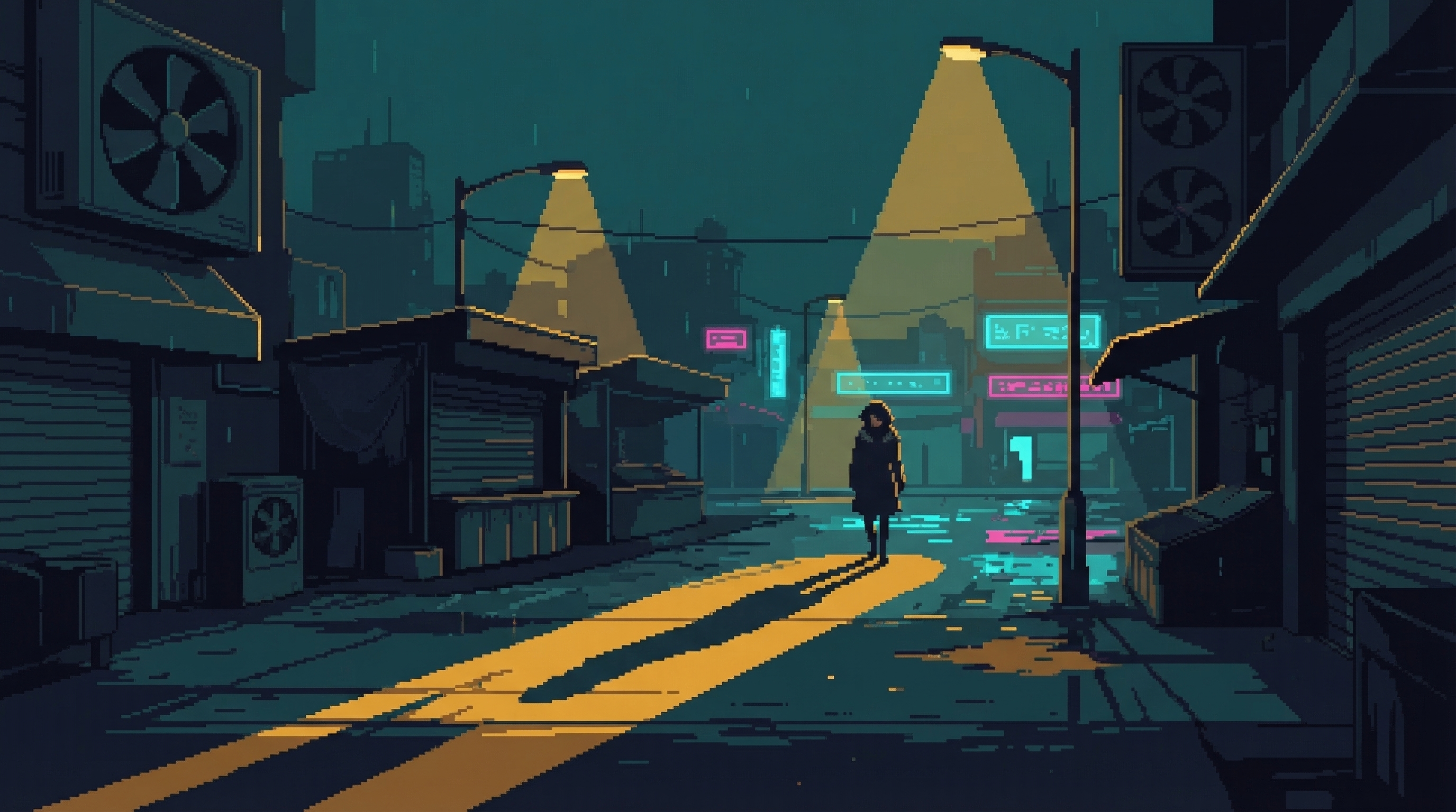 A lone woman walks through empty The Deep Dregs streets at 2am, amber streetlights casting long shadows, closed market stalls