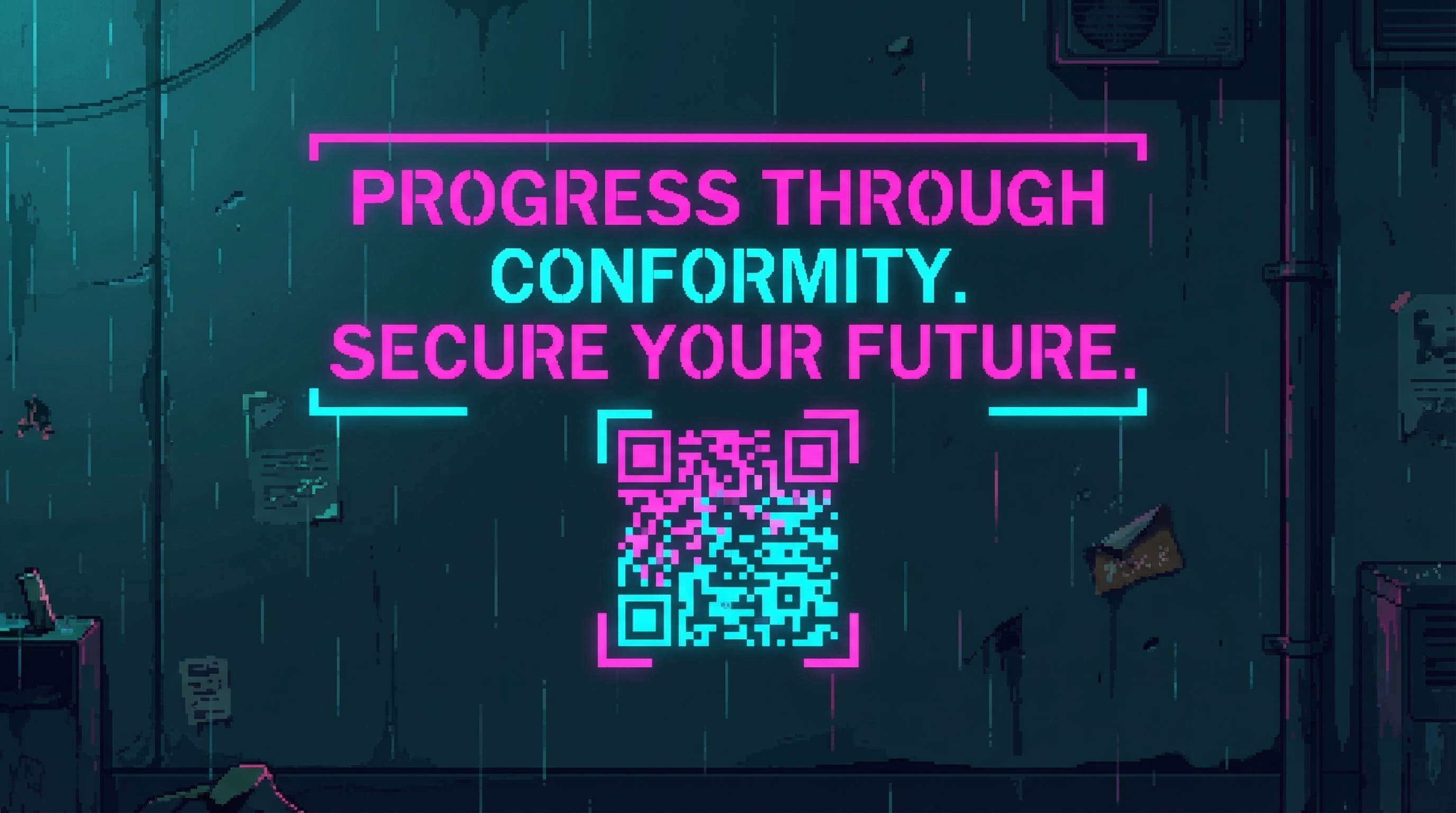 A clean professional stencil with crisp typography and QR code on a wall โ the co-opted resistance, again