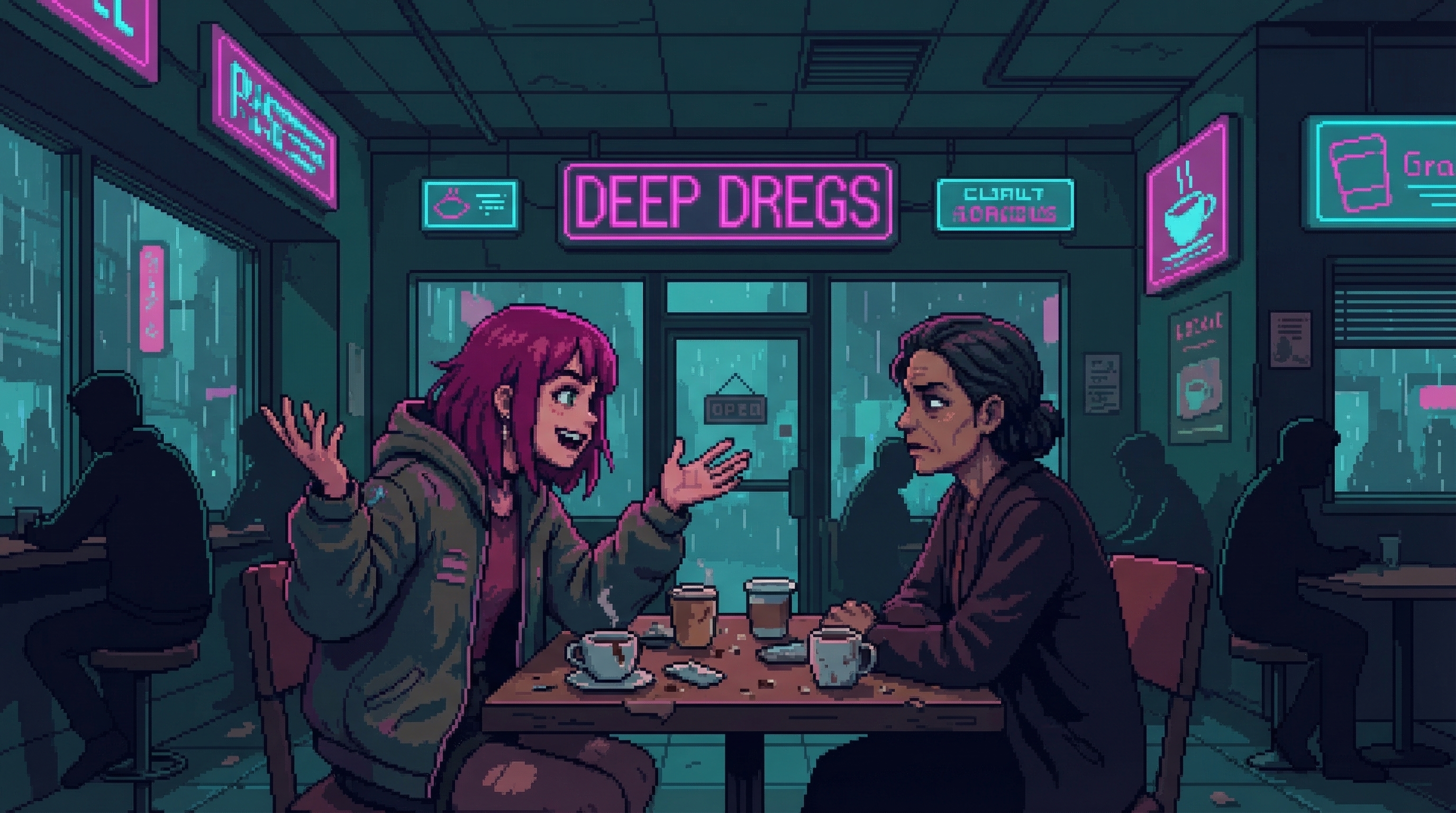 Two women at a cheap cafe โ one guarded, one animated, talking with her hands over chipped coffee cups