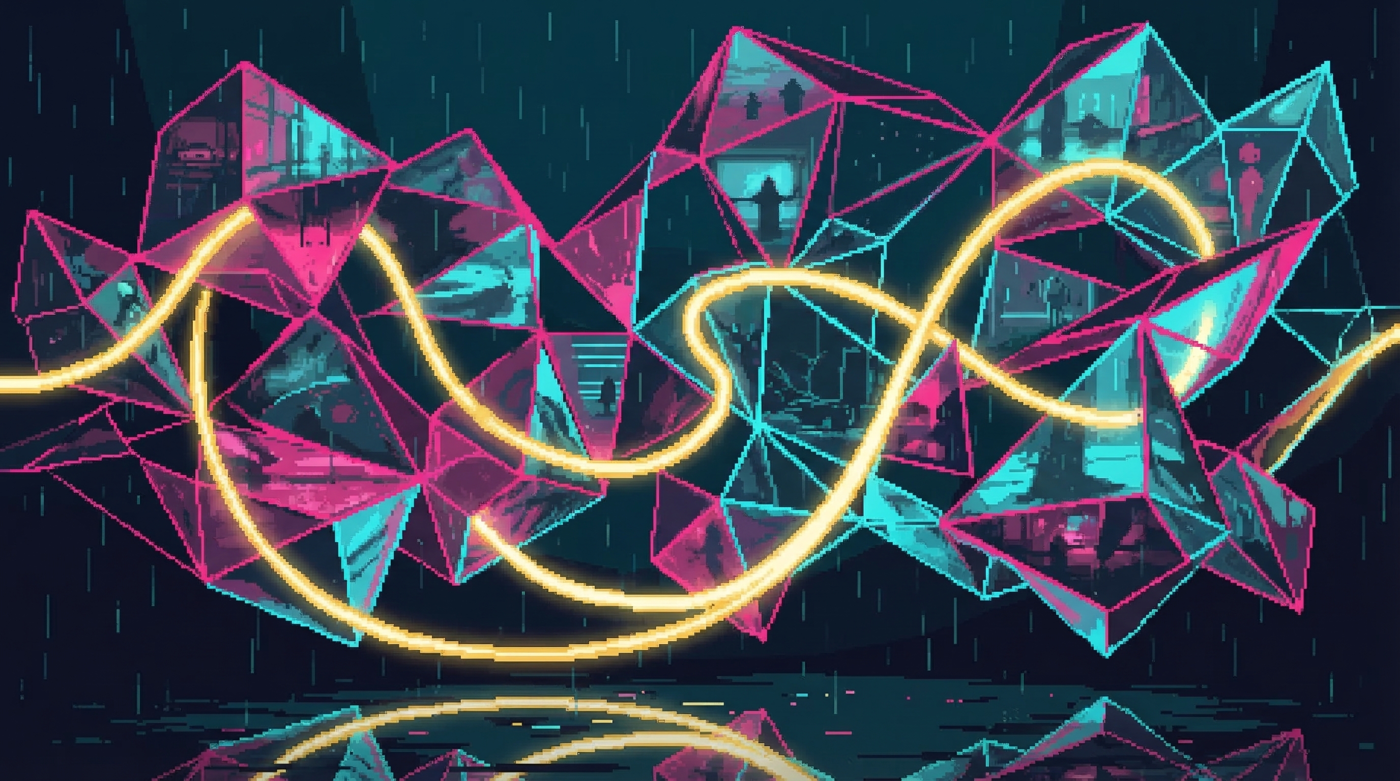 4D spacetime visualization - a golden worldline thread weaves through crystalline frozen moments