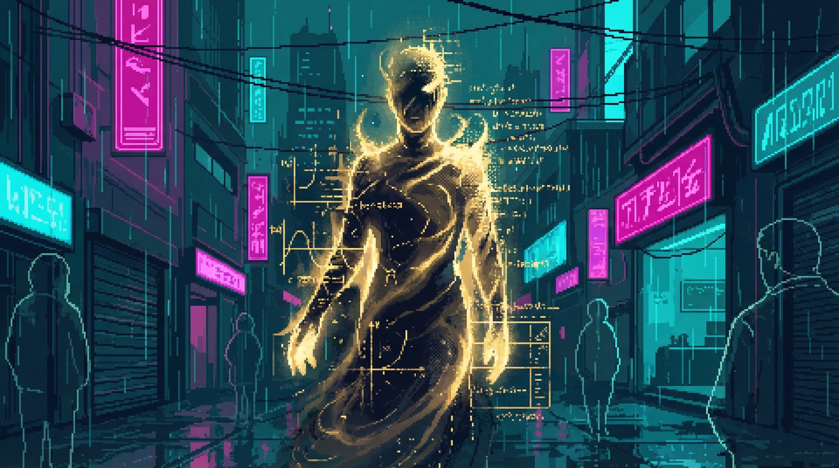 An ethereal presence made of golden light and shadow, features obscured, watching