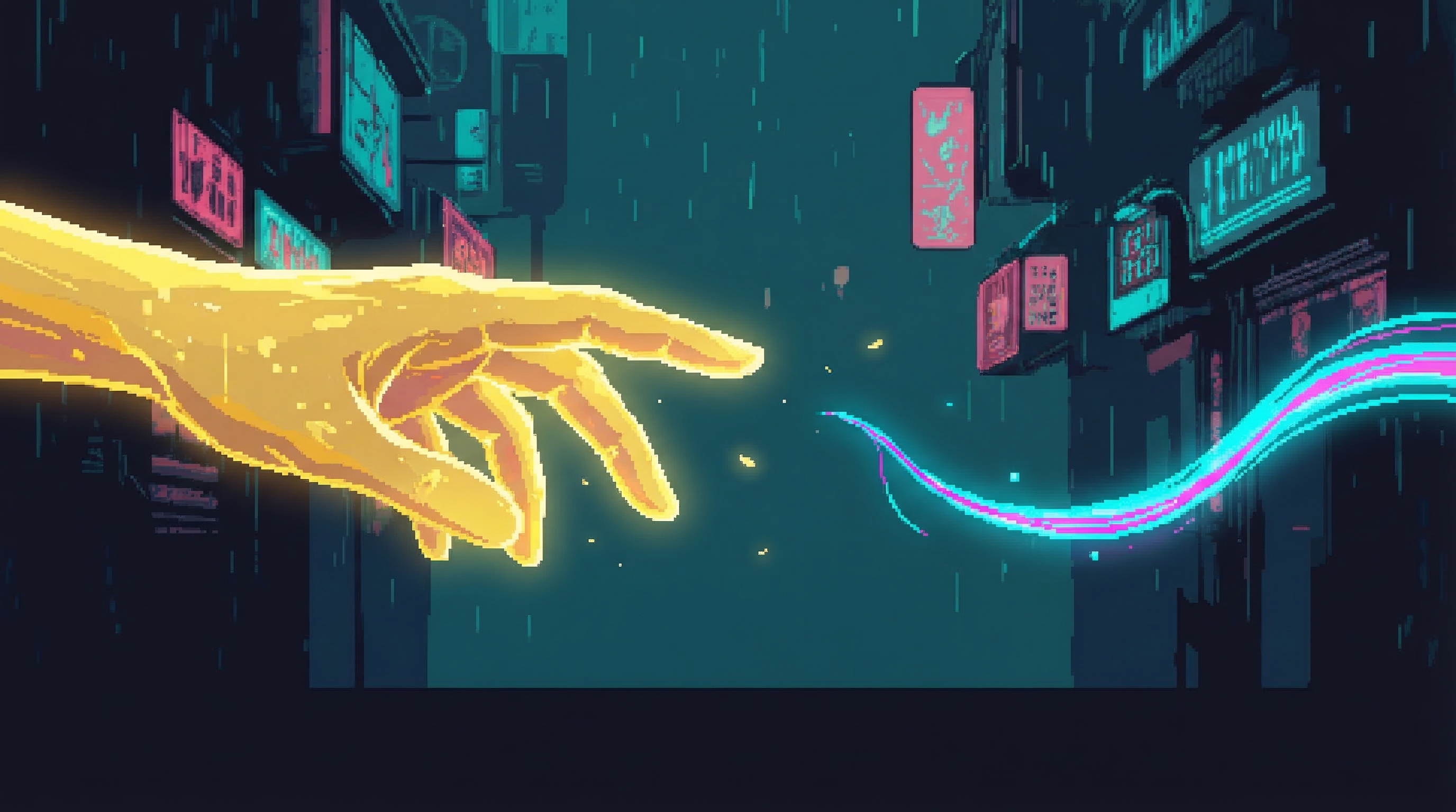 An ethereal golden hand reaches toward but doesn't touch a luminous worldline thread