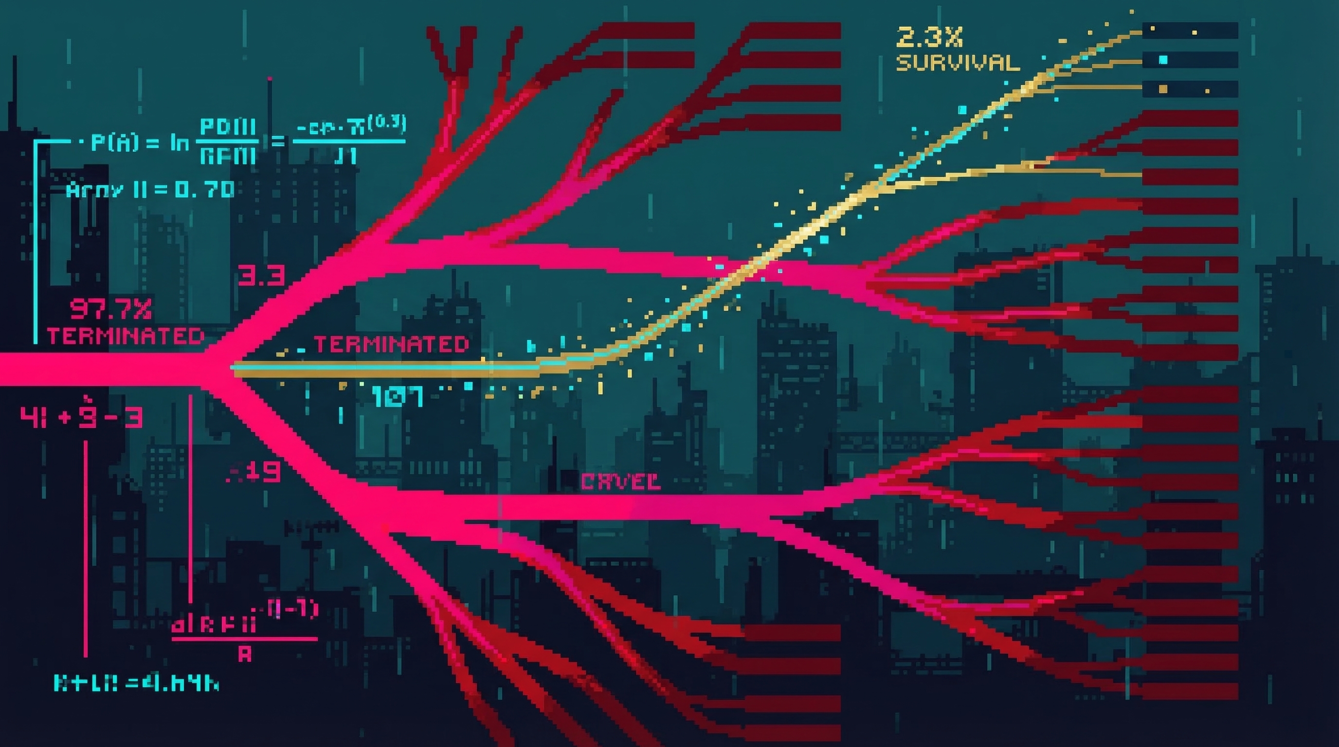 Branching probability futures - most paths fade to red (death), one thin path remains gold