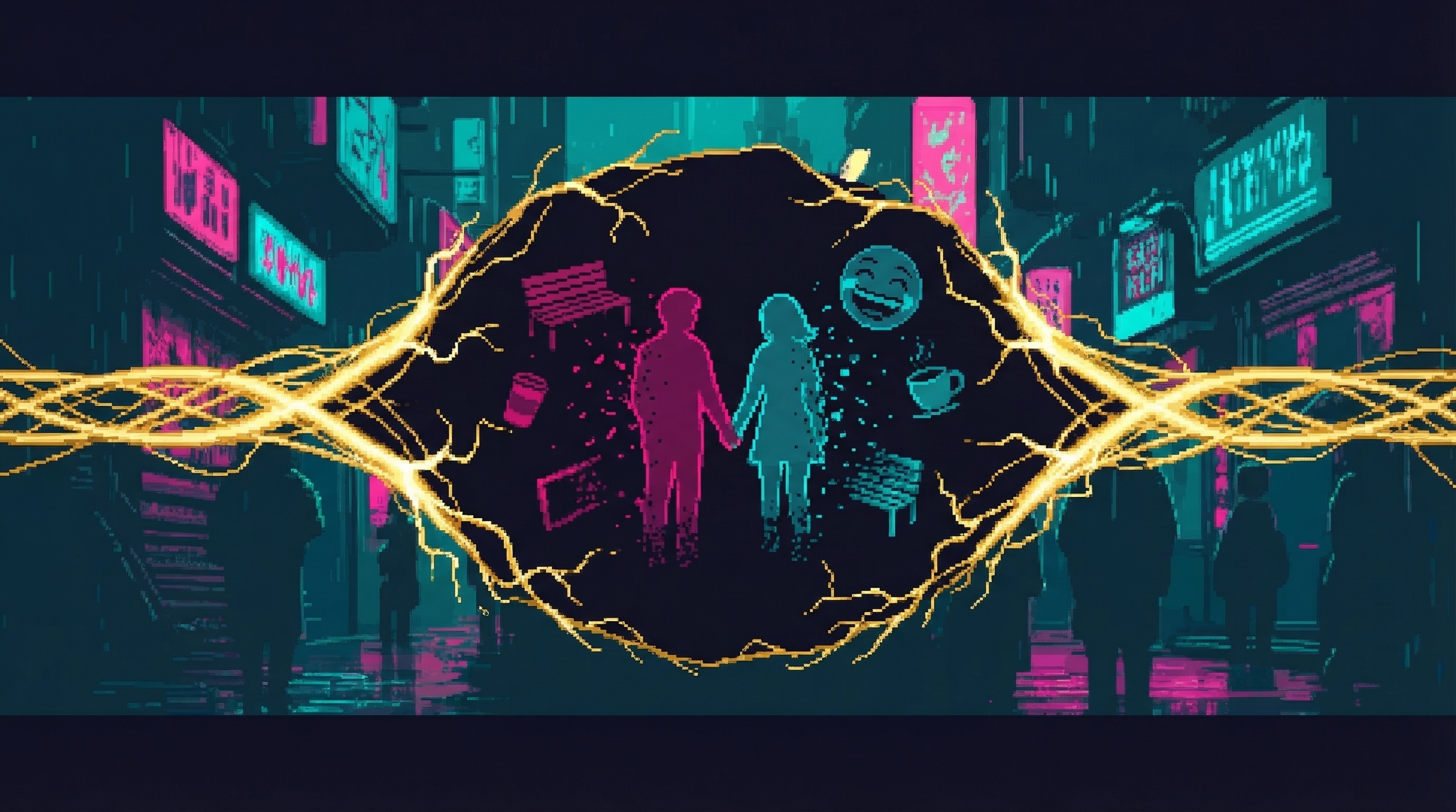 A golden worldline with a visible gap - ghost images of what was removed, a silhouette holding hands