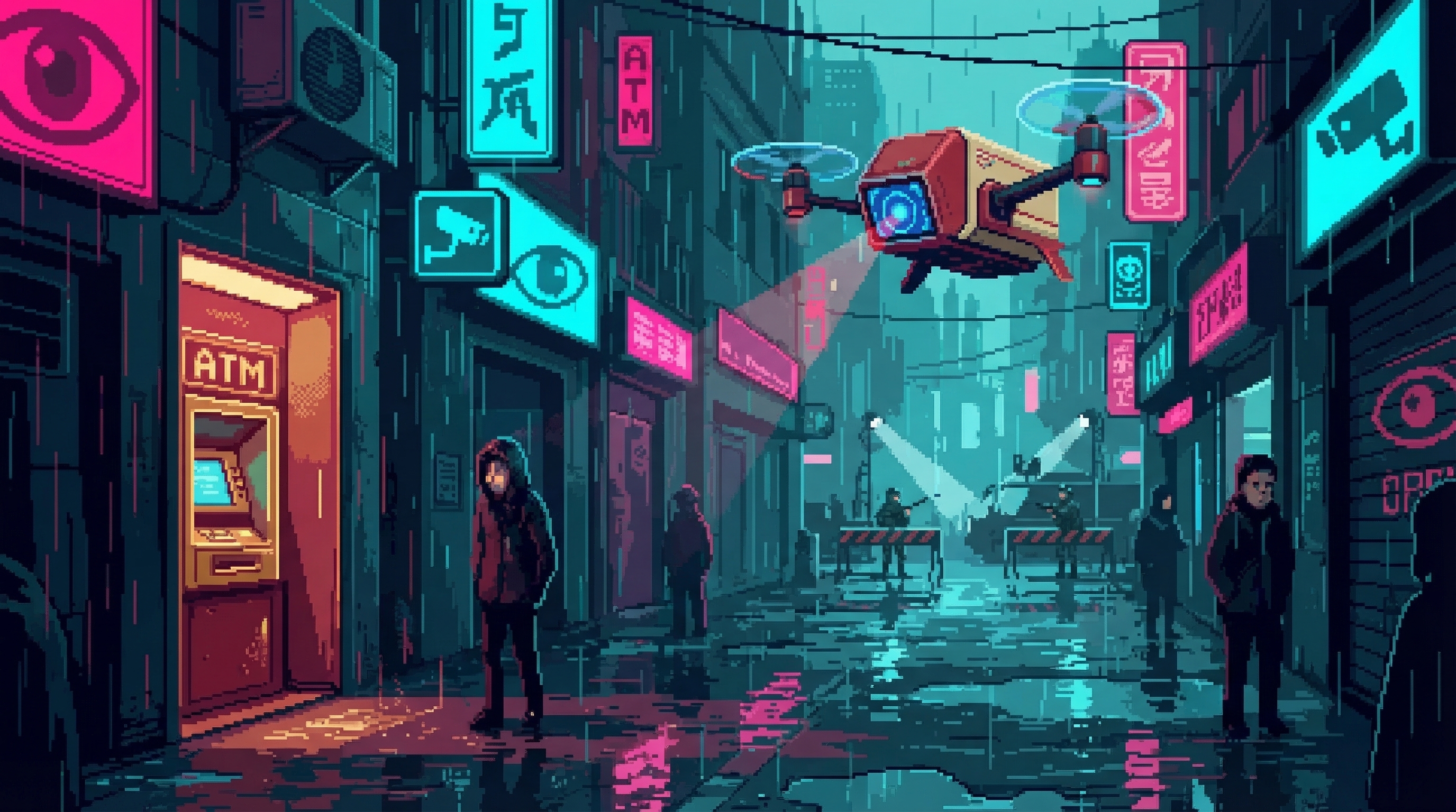 Rain-soaked alley in The Dregs - Wholesome drone buzzing, Good Fortune ATM glowing red-gold, Guardian checkpoint in distance