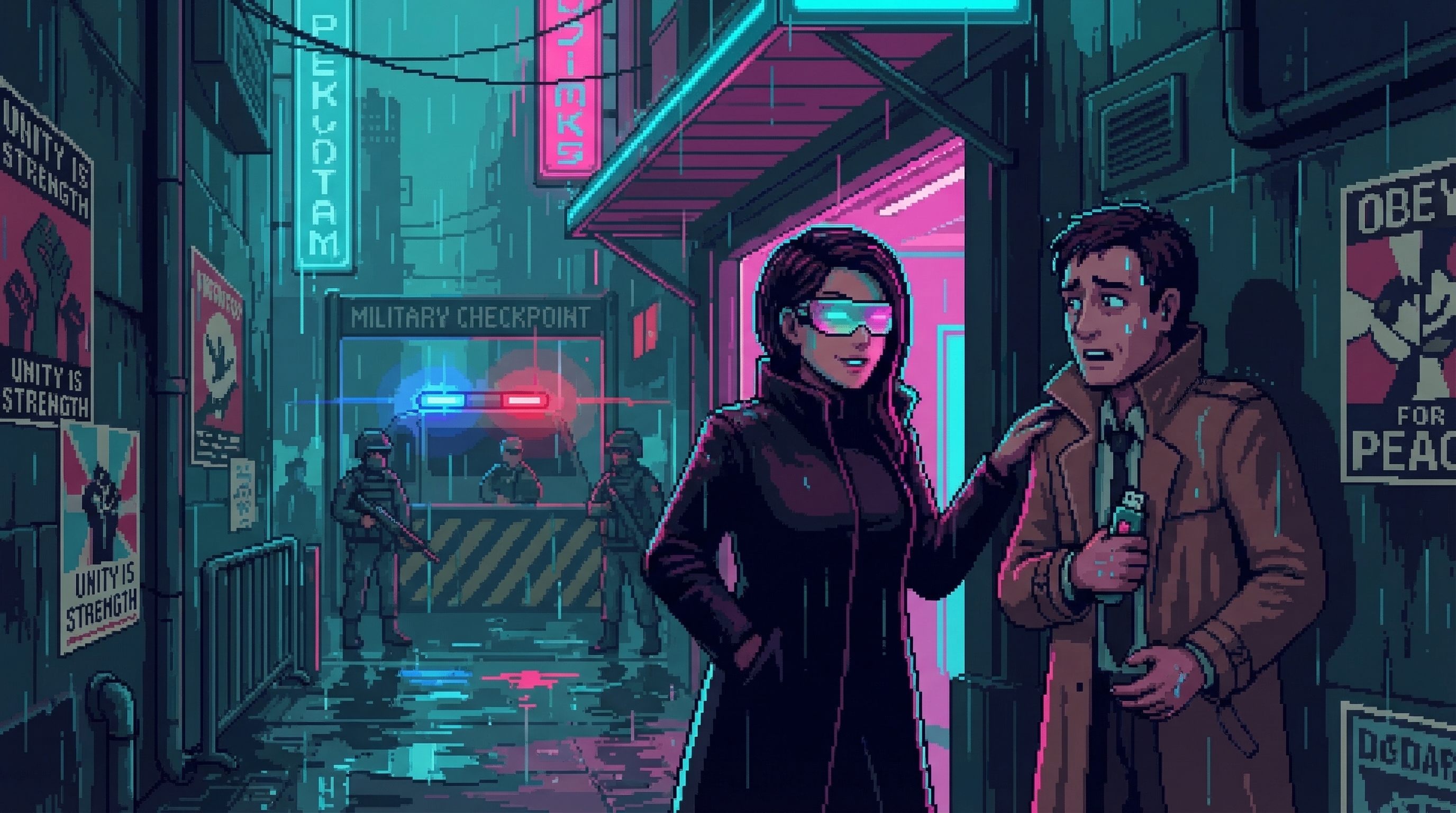 GG meets a nervous contact in a rain-soaked alley, Guardian checkpoint in background
