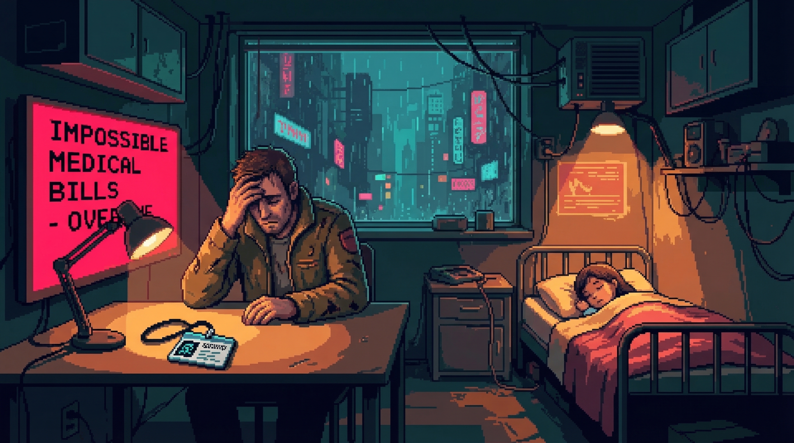 The betrayer at home - child sleeping, debt notification glowing red, Guardian badge on table