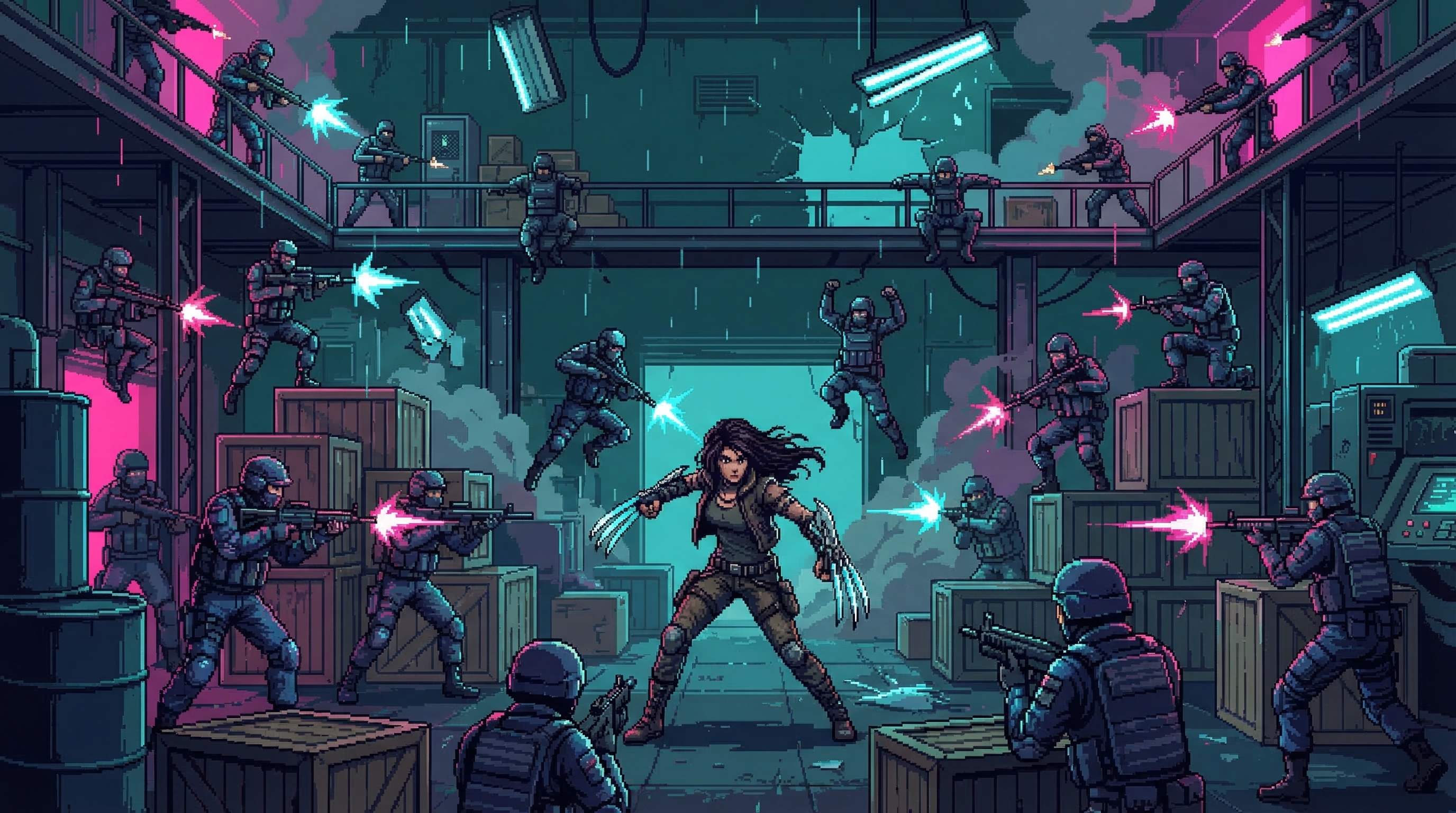 Warehouse chaos - Guardian soldiers in navy and silver emerge, muzzle flashes, GG caught in center