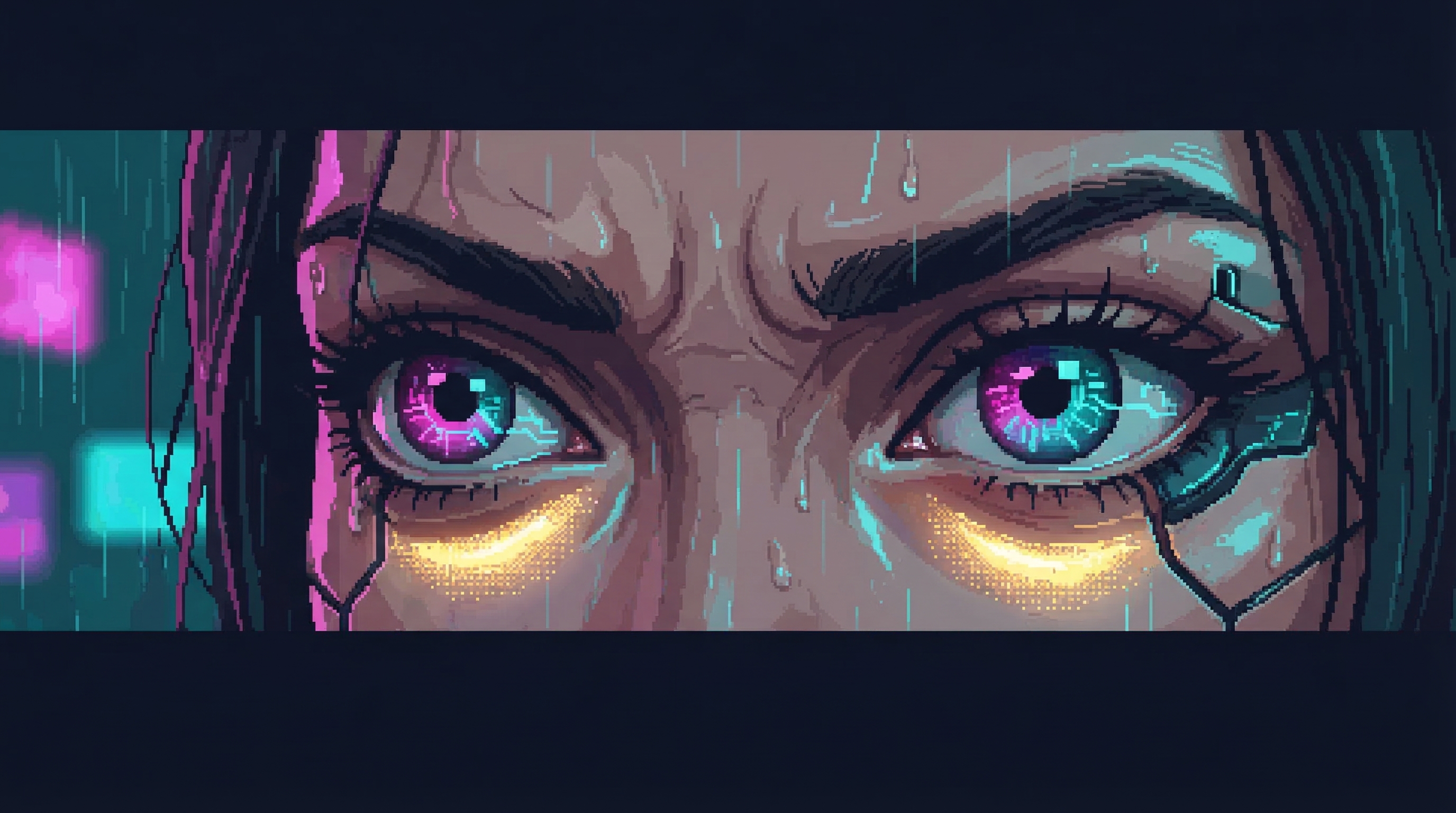 Extreme close-up of GG's eyes - determination, fear, and a subtle golden glow she doesn't understand