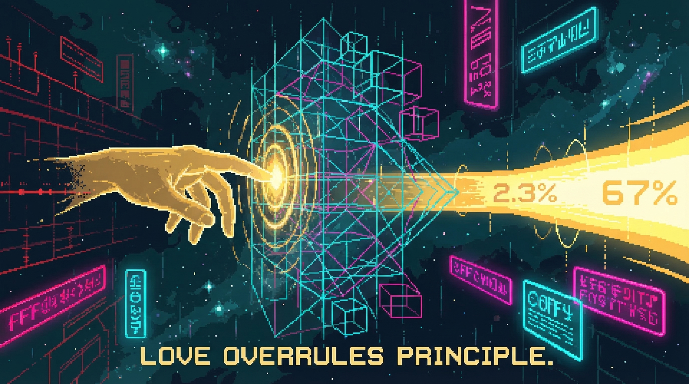 The Architect's hand touching spacetime - reality ripples outward, probability cascades realigning