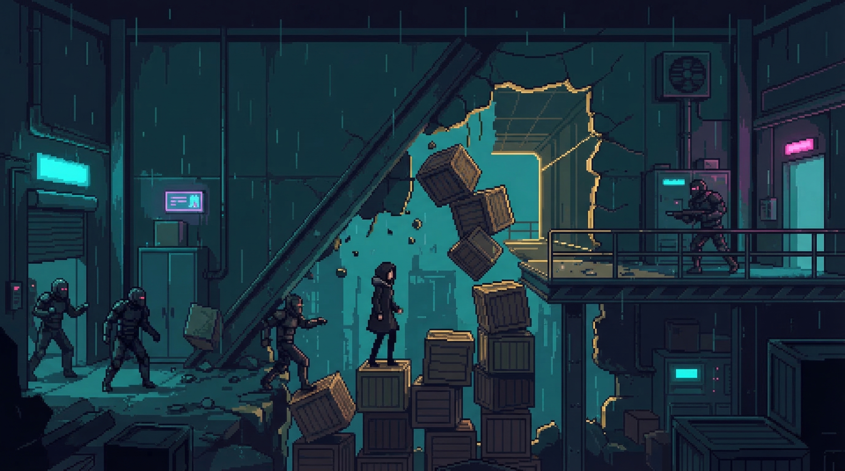 Warehouse transformed - debris creating an impossible escape route, golden light tracing the path
