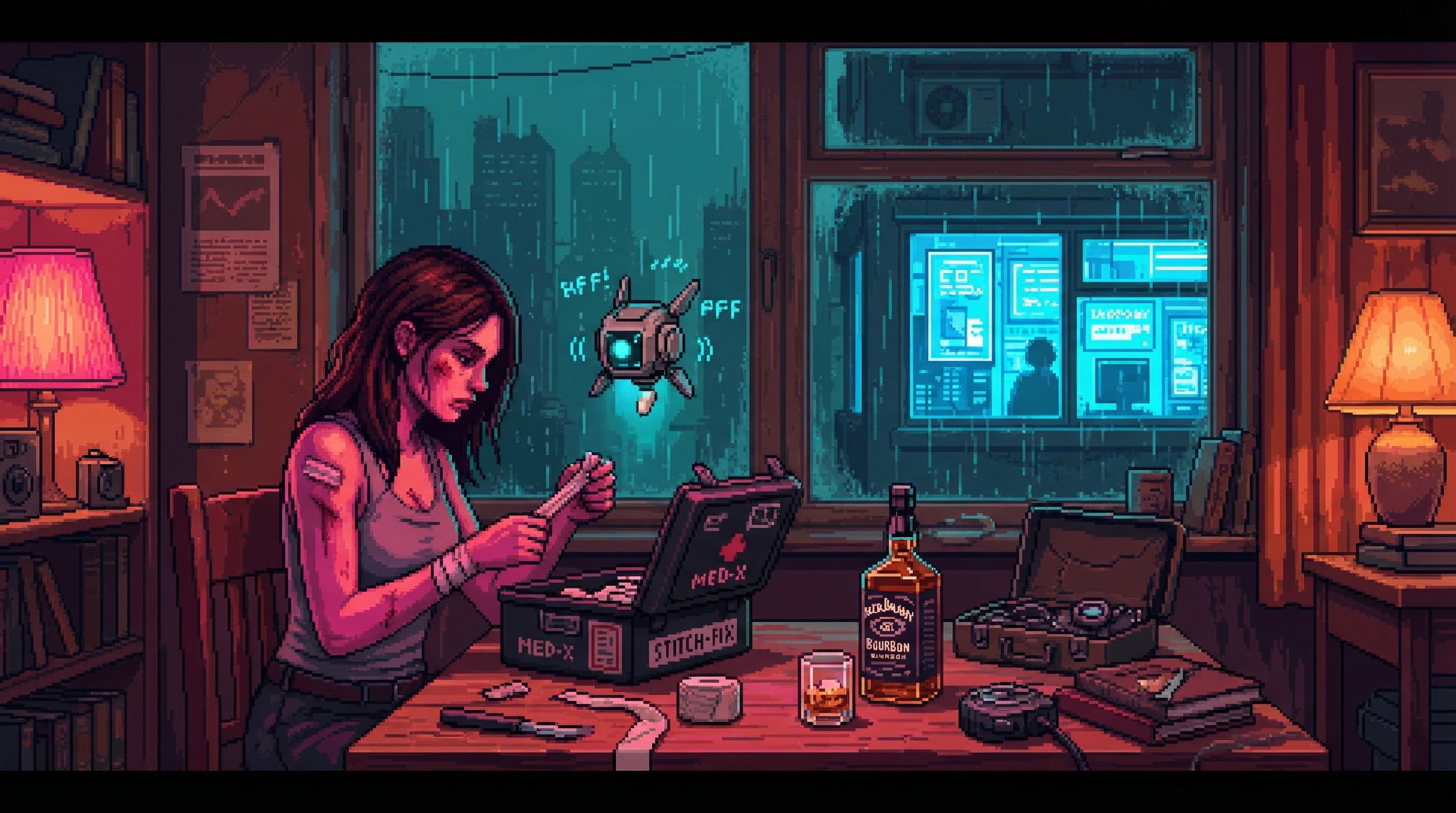 GG in safehouse - treating wounds, Cyber Chomp hovering nearby, warm analog space