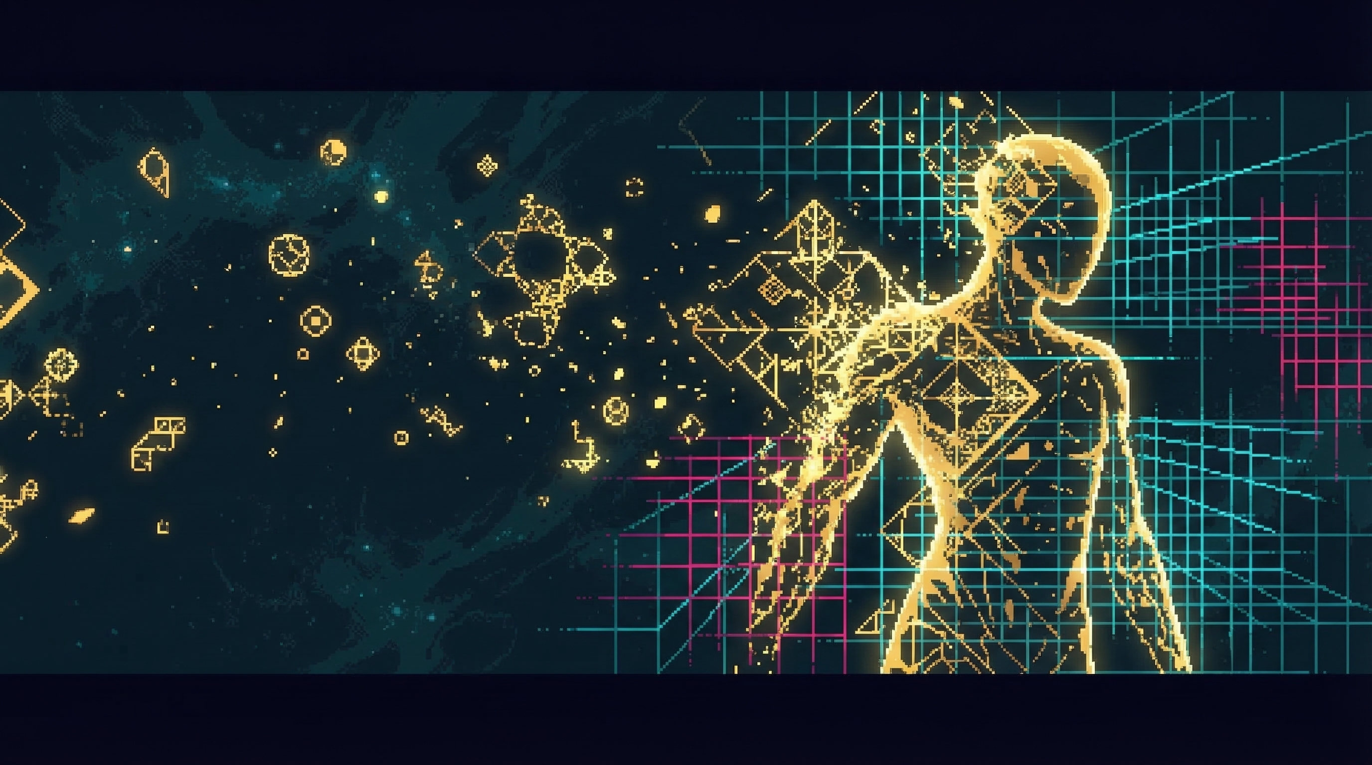 The Architect dissolving back into spacetime structure - golden form fading, eternal watching