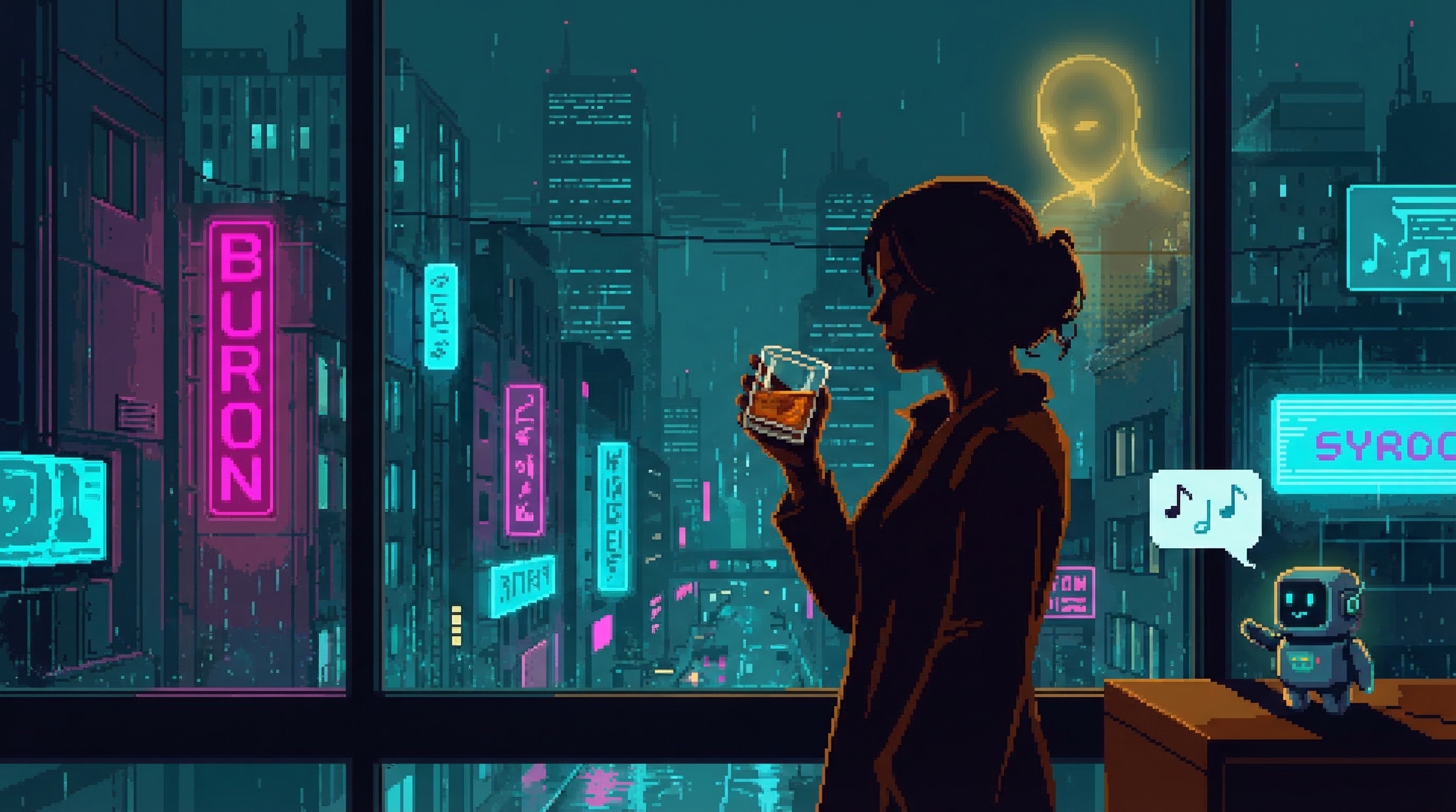 GG silhouetted against window, raising glass to city, ethereal golden presence watching from sky