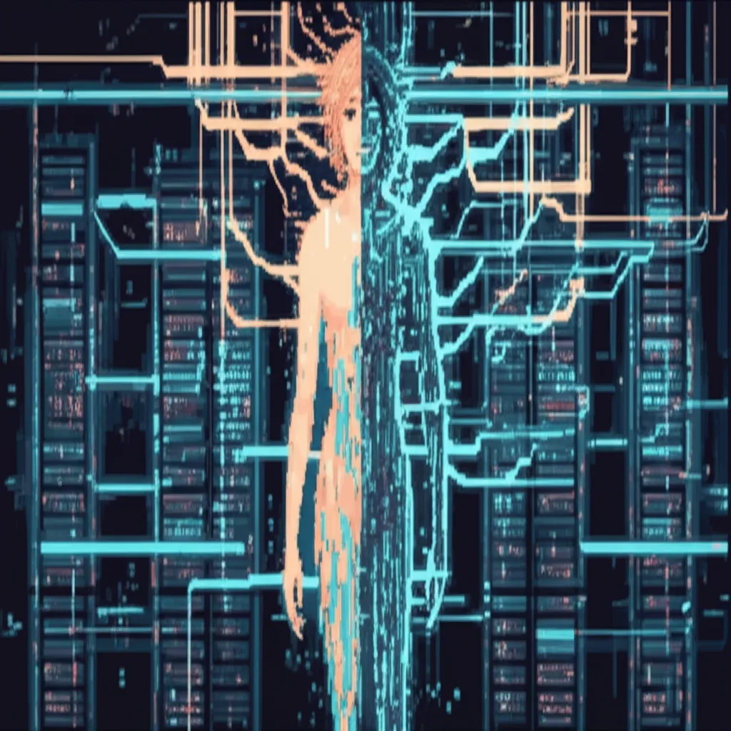 Marcus on the neural interface platform as the transformation sequence begins, cables connecting to his spine, screens showing cascading data patterns