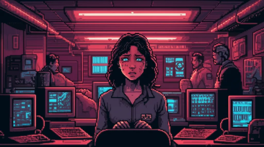 The Nexus Dynamics offices during the Cascade - screens flickering, analysts in confusion