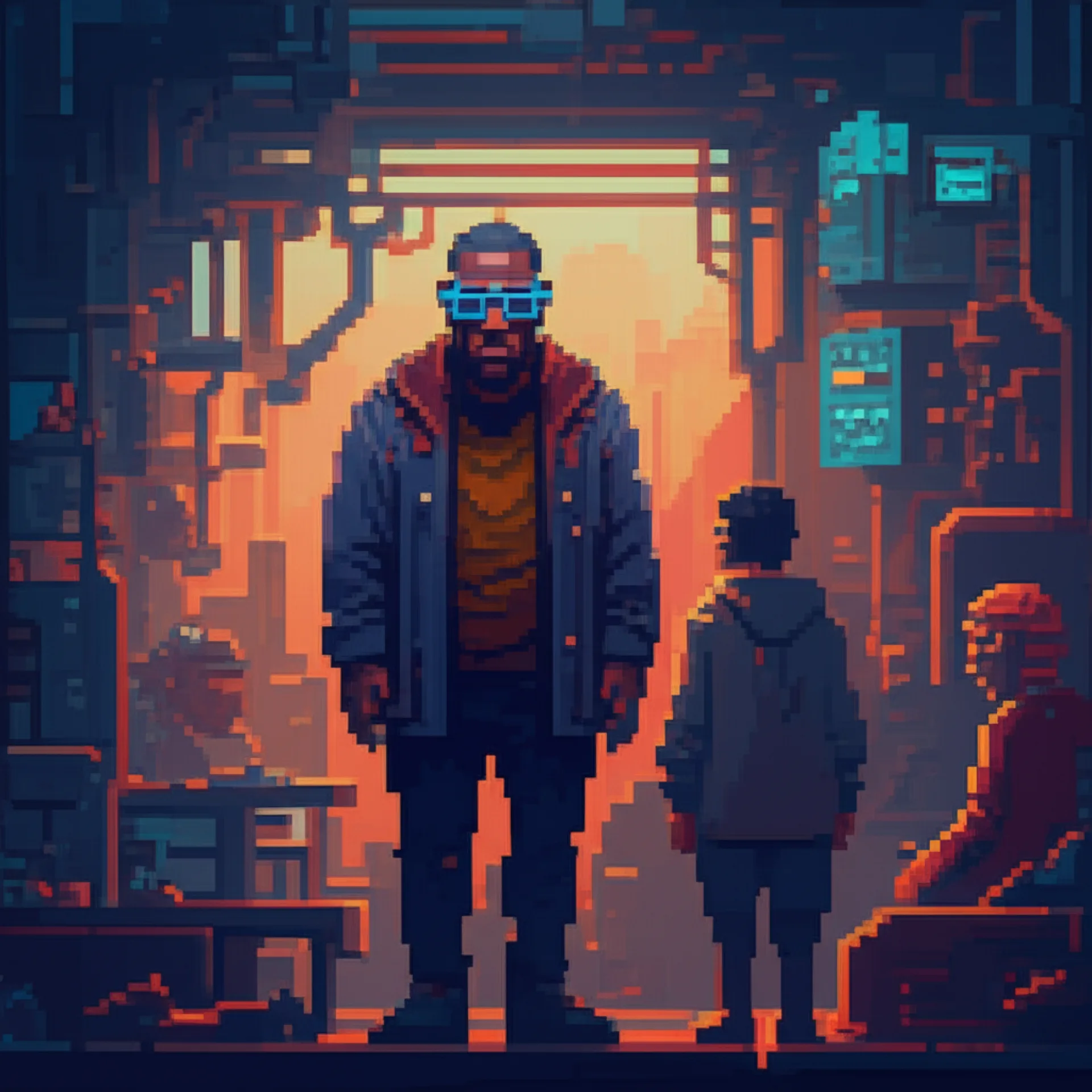 Ezra stands in the Bash Terminal at 4:41 AM, surrounded by lost people who've found their way to him. His face shows grief transformed into purpose.