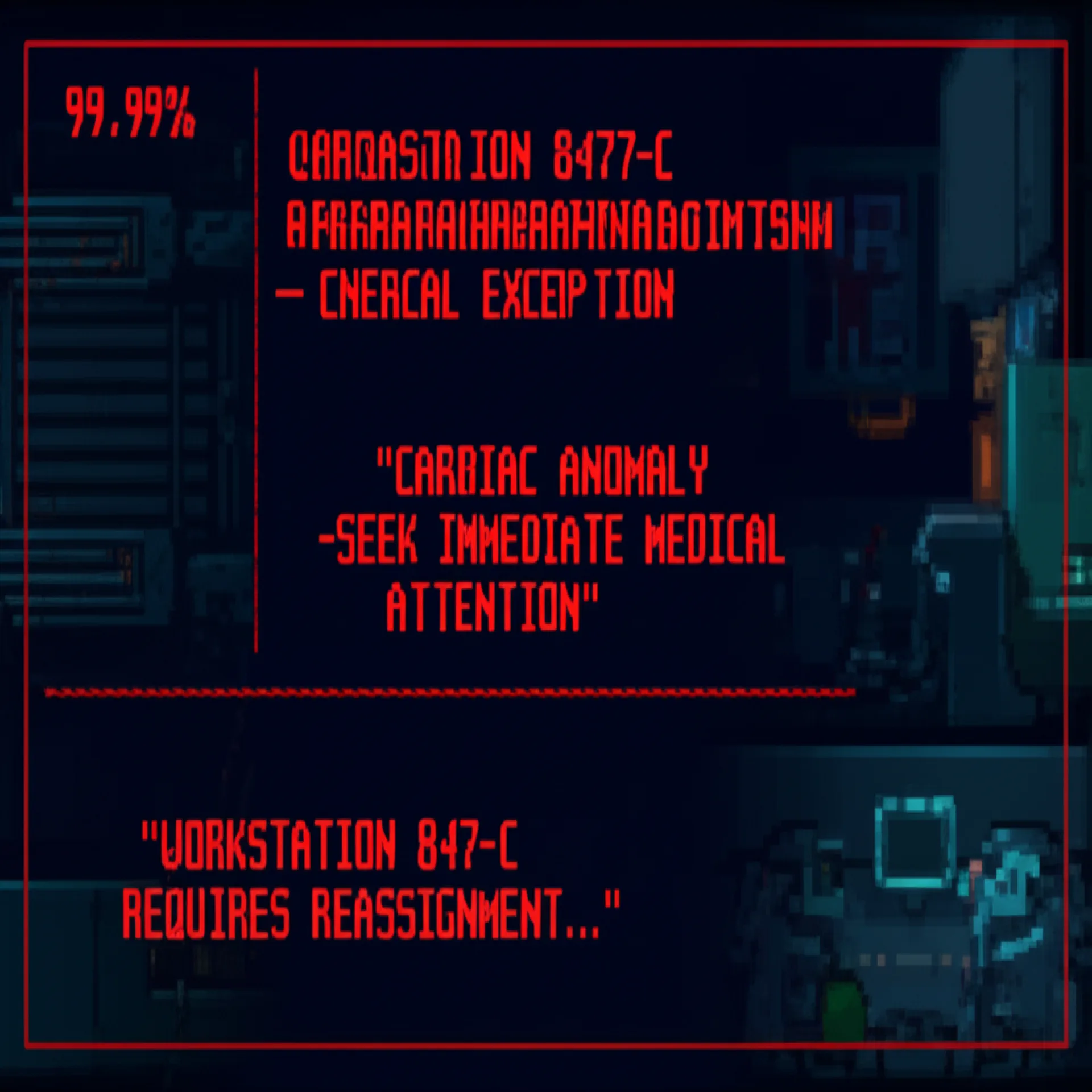 Solomon falling, his hand still reaching toward the workstation. His productivity score displays 99.997%. The screen behind him shows WORKSTATION REQUIRES REASSIGNMENT.