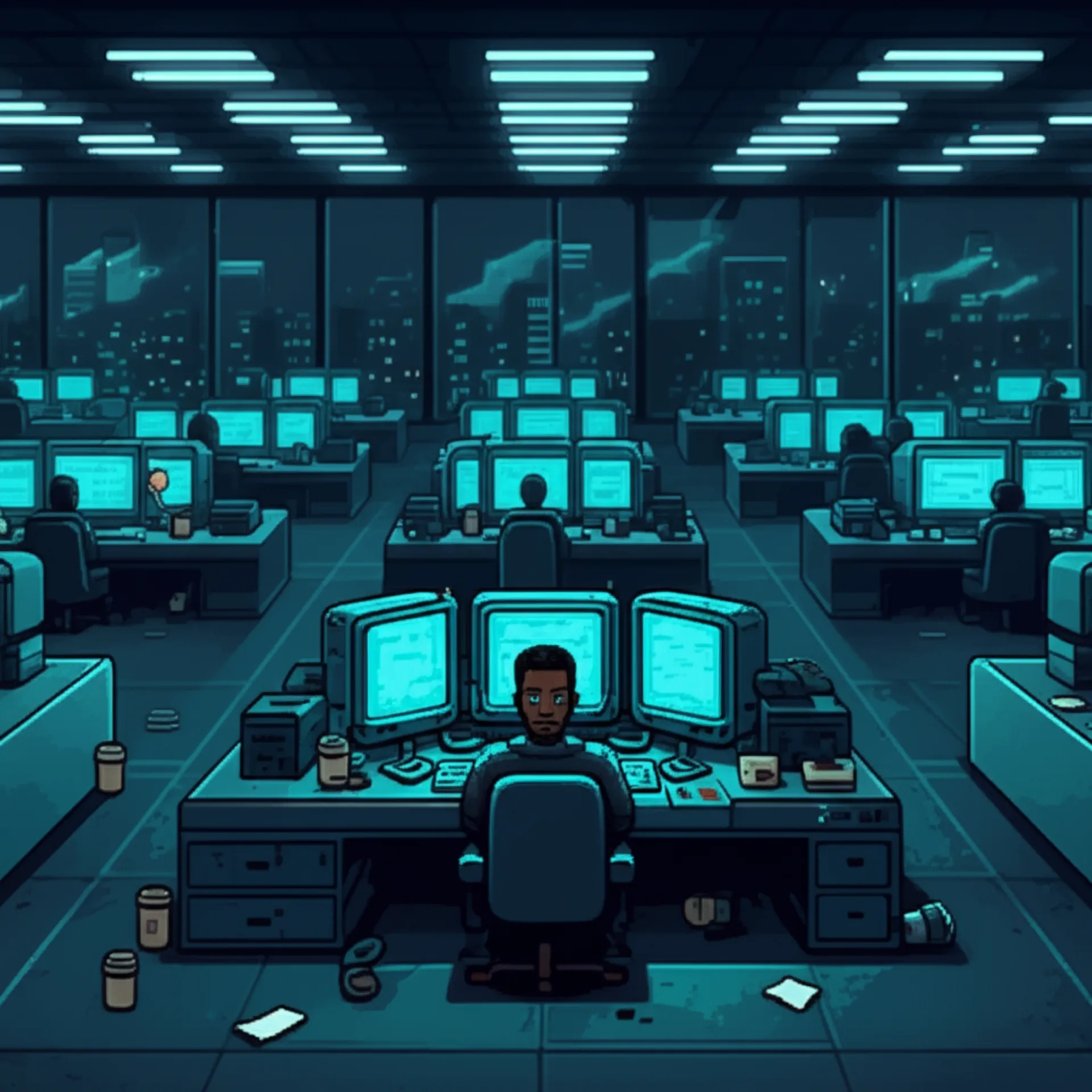 A ORACLE workstation screen displays: PROCESSING BACKLOG DETECTED. OVERTIME AUTHORIZATION REQUIRED. VOLUNTEER?