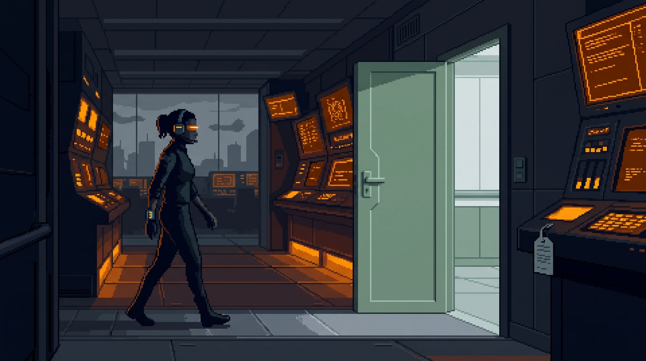 Noor walking past the half-open stillroom door at the end of shift, not going in