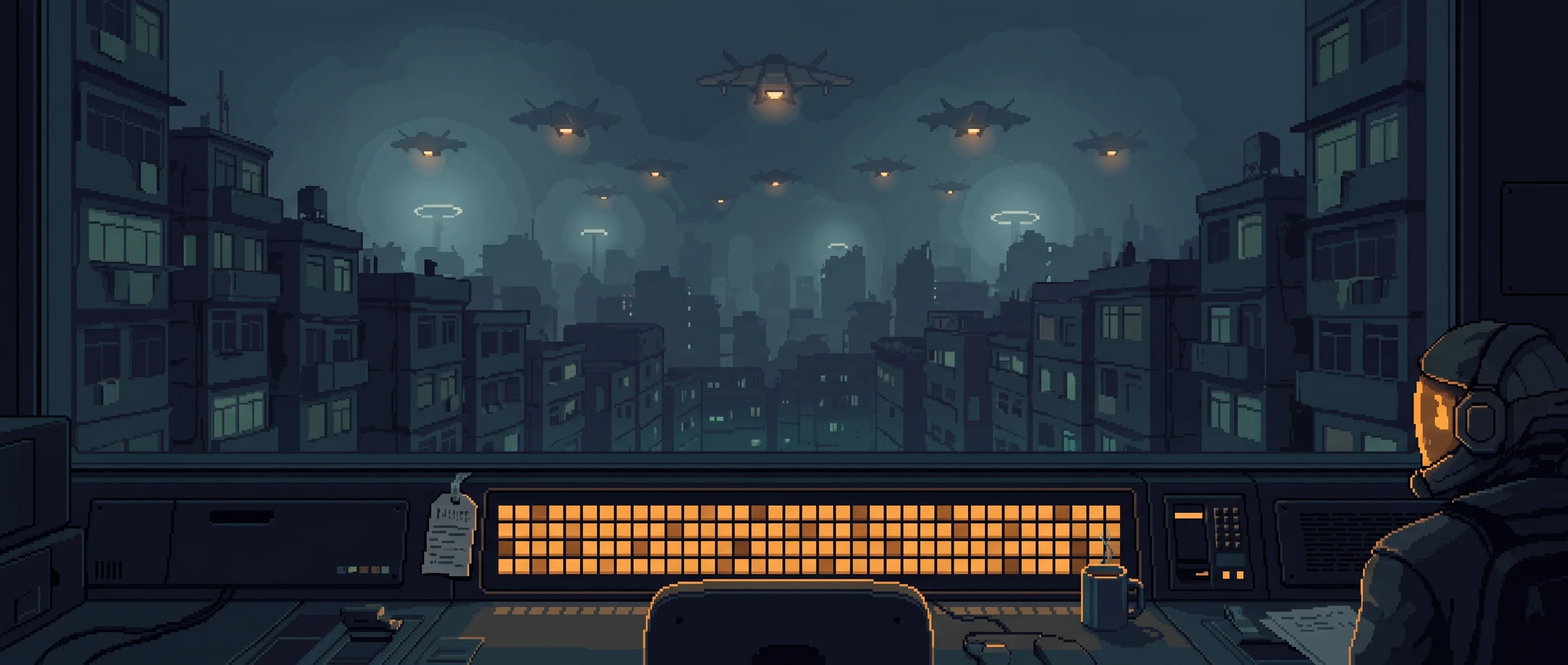 The view from above Sector 9's corridor — a gray lattice of airframes over a haze-choked residential canyon, underbelly lamps amber