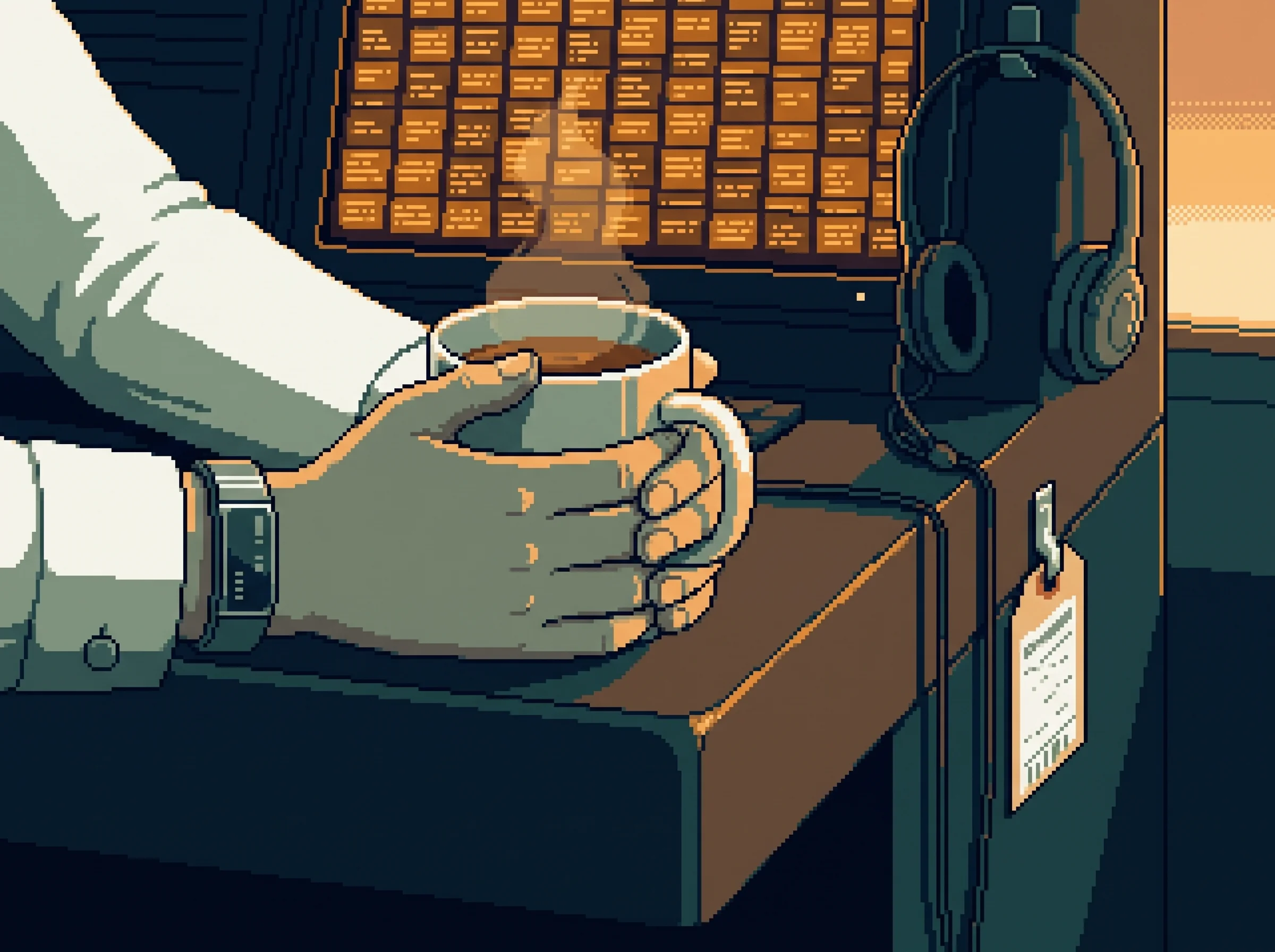 C-shift's operator wrapping Noor's cold hands around a second mug at handover