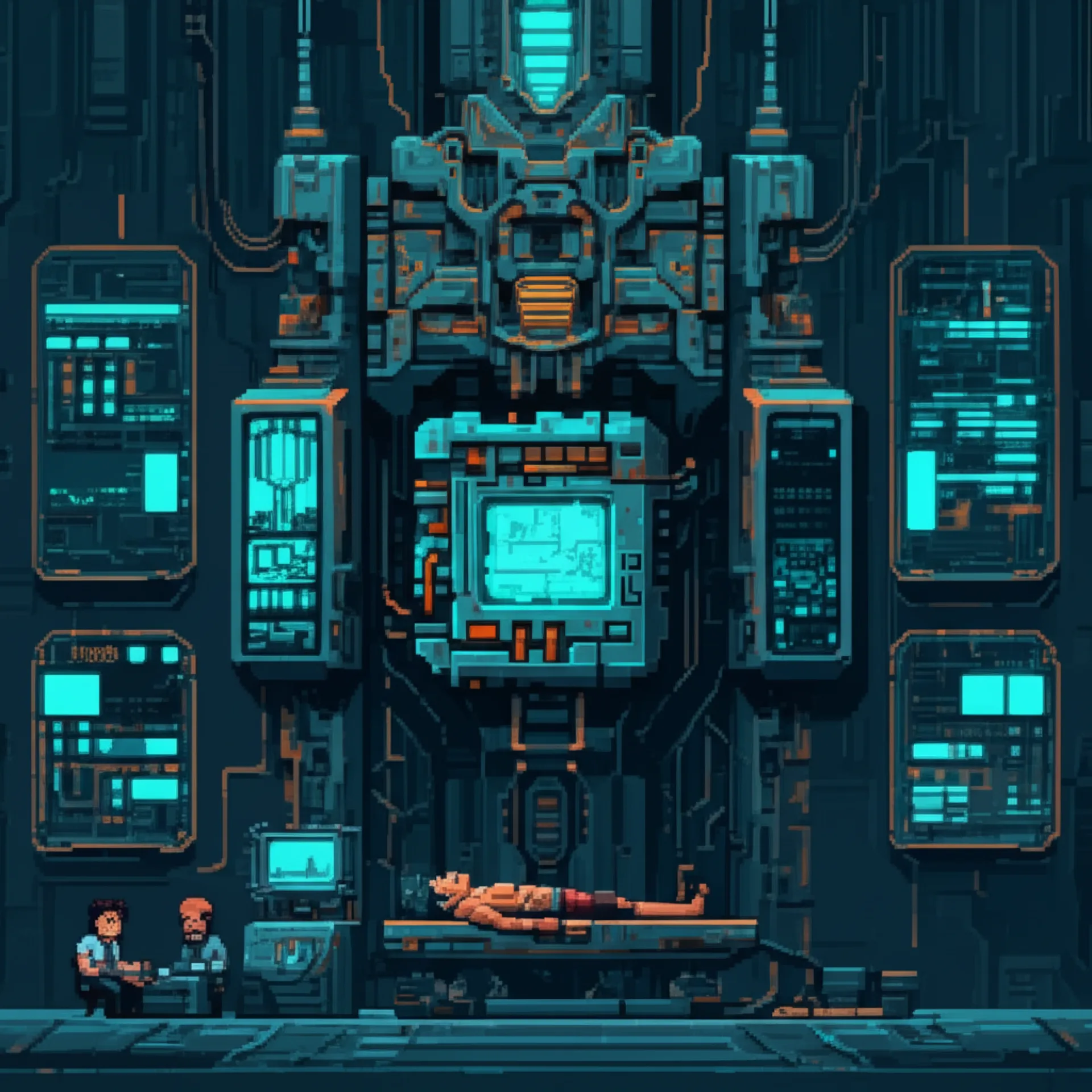 Underground facility, Viktor on the interface platform, Dr. Soren at controls