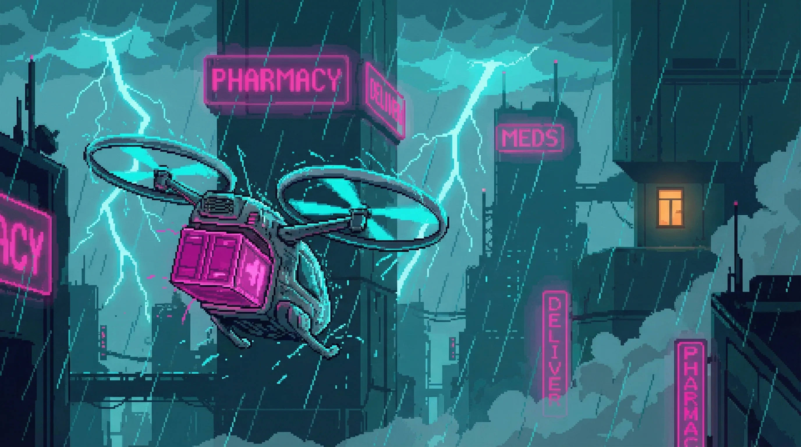 A pharmacy delivery drone fighting through the storm, small against the massive backdrop of the Sprawl's towers